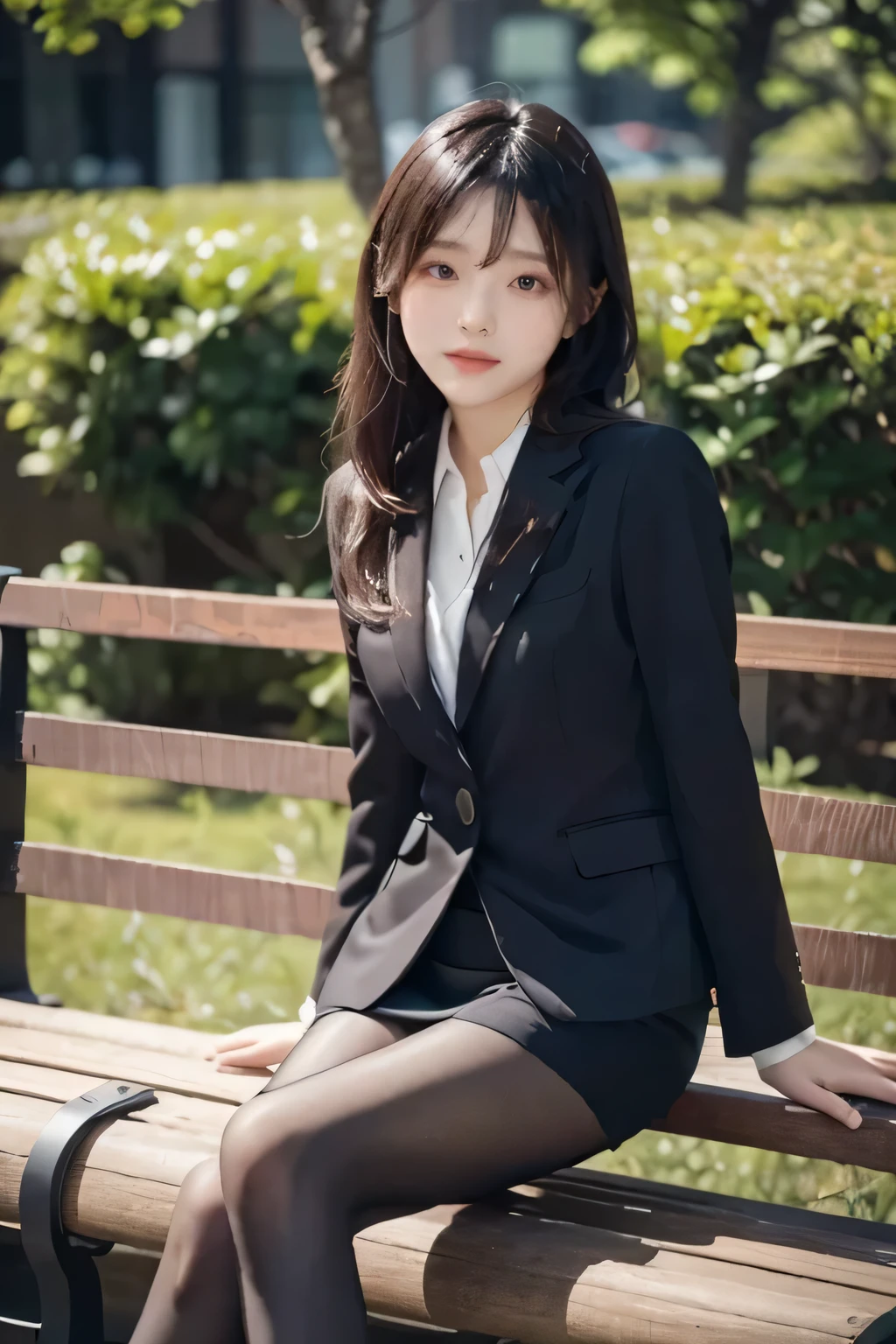 Araffe asian woman in a black suit sitting on a bench - SeaArt AI