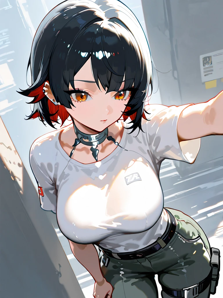 Cute girl, short cut black hair, blue eyes, smile, red gloves with open fingers, big breasts, exposed stomach, short tight black pants