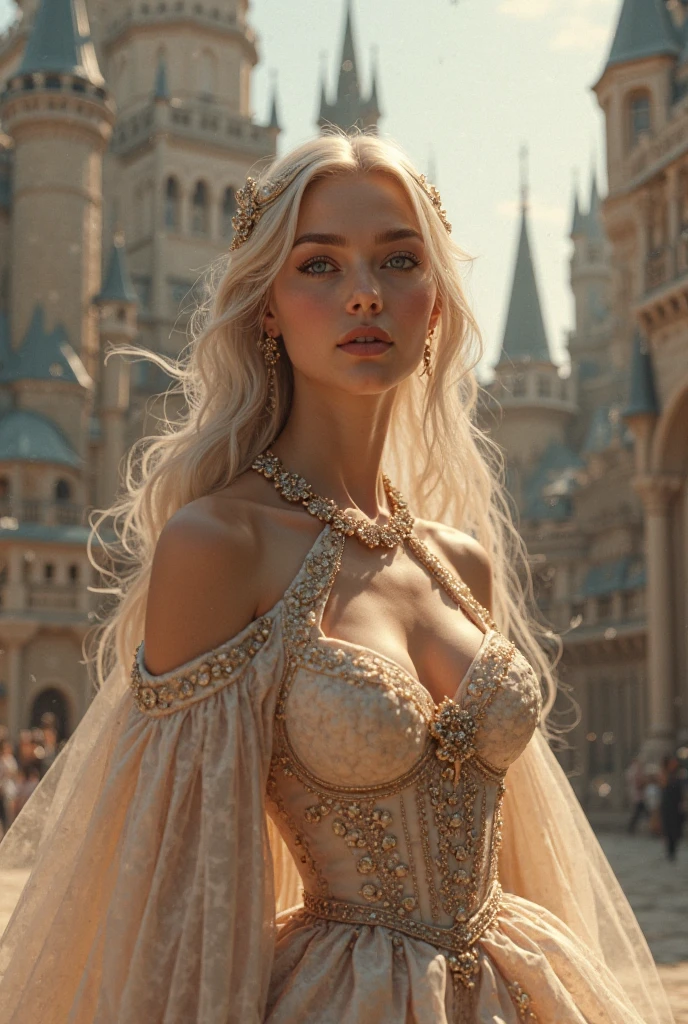 (masterpiece), (extremely intricate:1.3), (realistic), portrait of a muscular girl, ((((detailed mature 40year elven woman, ((blackout gothic eye makeup, red lips, strong square cleft chin, arrogant, [small breasts:medium breasts:0.8]), diamond tiara, golden hour, clear green eyes, long wavy [blonde hair:dark hair:0.5], wedding dress, tanned skin)), emerald necklace)), freckles:1.0, professional lighting, photon mapping, radiosity, physically based rendering, ultra resolution, hyper-realistic), metal reflections, upper body, outdoors, intense sunlight, far away castle, professional photograph of a stunning woman detailed, sharp focus, dramatic, award winning, cinematic lighting, volumetrics dtx, (film grain, blurry background, blurry foreground, bokeh, depth of field, sunset, interaction, photorealistic:1.4), 8K