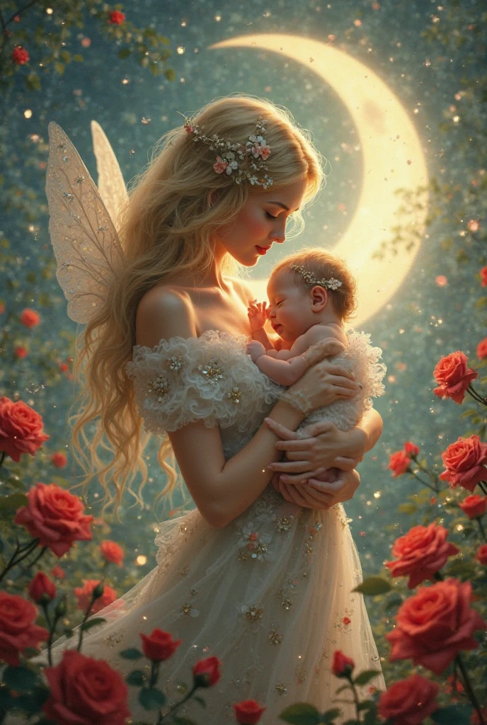 A boy, in beautiful dress , sleeping, mention the boy name is DEV which is written in his dress, he is seeing dream and in his dream a beautiful fairy girl is sitting beside him and hold his one hand . She is sitting beside the boy. The boy is seeing dream Make the atmosphere cloudy and dreamy.