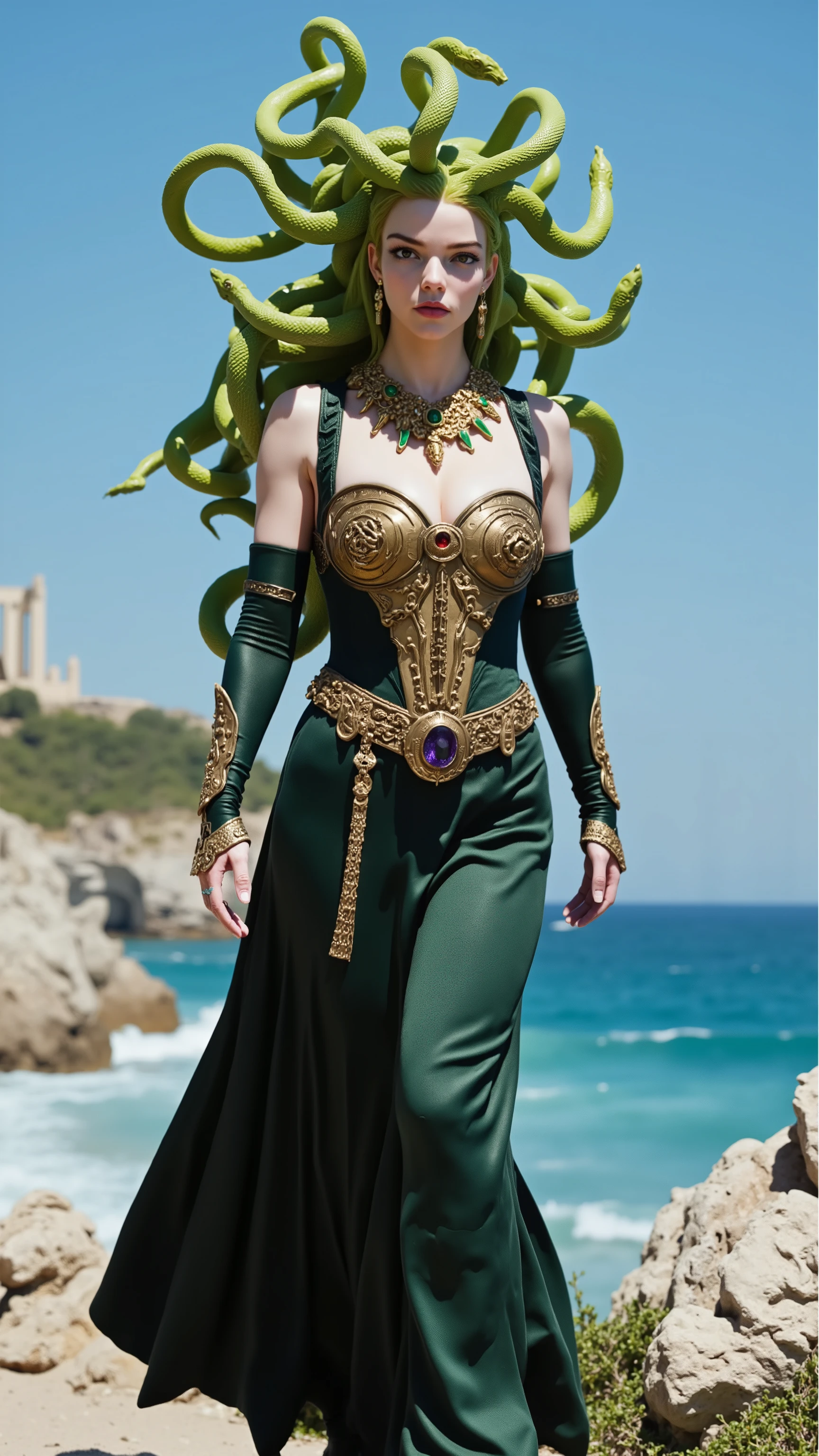 Anya Taylor-Joy reimagined as Gorgon Medusa walking、dramatic atmosphere, 1 female, full figure, full body,
Pale, porcelain-like skin with an eerie, ethereal glow. Her haunting, ice-gray eyes shine like polished stone, framed by dark lashes. Instead of hair, living serpents coil and twist from her scalp—each one varying in size and pattern, their scales glistening in shades of emerald, obsidian, and gold. Her facial features remain beautiful yet unsettling, with high cheekbones, arched brows, and an emotionless gaze that holds the power to petrify.
She wears a dark, flowing gown made of layered silk and scaled leather, merging seamlessly with her serpentine lower body. The fabric glimmers in hues of deep green, black, and bronze, resembling snake skin. Bronze chest armor wraps tightly across her torso, etched with ancient symbols and cracks from battle. Bronze serpents coil around her wrists as armlets, and her long, clawed fingers bear rings set with blood-red rubies and green stones.
Around her neck rests a heavy bronze choker adorned with carved faces frozen in agony. Her belt is made from interwoven metal serpents, some of which still move subtly.
Big breast、 alluring 、shows her female character's full figure, athletic body, perfect face, full body, extremely beautiful, goddess, female shape, perfect anatomy, The background shows a rocky cliffside under a bright blue sky, where foaming waves crash below. In the distance, a stone temple crumbles along the shore, half-swallowed by creeping vines. Near the cliff’s edge, petrified statues lie shattered. Blue sky, sunny day, photorealistic, masterpiece, realistic, high contrast, 8k, HD, high definition detailed, detailed, hyper detailed, realistic skin texture, best quality, ultra high resolution, hyper realistic, no text, very detailed eyes, dramatic lighting