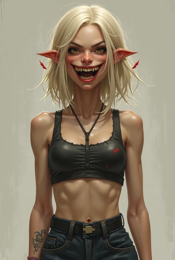 one girl, pointy ears, bust, solo, upper body, abs, slender body, (red eyes:1.3), black hair, bob cut, straight bangs, nsfw, (male chest, small breasts, tiny breasts, open breasts, naked breasts, exposed breasts:1.3), nude, (naked shoulders, naked neck:1.2), masterpiece, highly detailed, look at viewer, shiny blured grey background, gradient sprayed background, front view, gradient red purple background, blured background, cleared background, glowing edges of image, (red underpants:1.2), creepy, scary, envoking fear, shock value, very evil, very evil, terror, dread, decay, disgust, she is a Psycho, (grey skin, pale skin:1.4), (evil eyes, eyes glowing, evil grin:1.2), feral hunger, frenzy