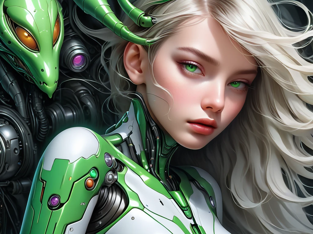 masterpiece，Quality Best，high quality，Very Beautiful，absurd， latest，depth of field，An image of an alien woman，Her striking feature is the blending of the elegant and subtle mechanical elements of alien aliens。Adult film inspired,Her skin is smooth，extraordinary desolate texture，decorated with a small organic pattern。Her long wavy hair flutters over her face，But in the green，White and black。Mechanical elements seamlessly integrated into her face and neck in a colorful game boy-style palette - rounded，appears like a delicate circuit, ???? ??? hell sexbot perfect ?????, ?????? by scientist, dis assembling her as he ????? the shit out of her ??????