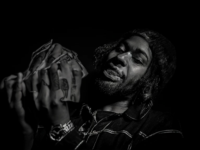a close up of a man with a dollar bill sticking out of his mouth, album art, paid artwork, high quality portrait, insane smile, laughing, laughing man, large black smile, tongue out, flaunting his wealth, big teeth, artist unknown, wide grin, huge smile, big smile, promo art, cash, lowres, laughingstock; paint man in watercolors I and oils