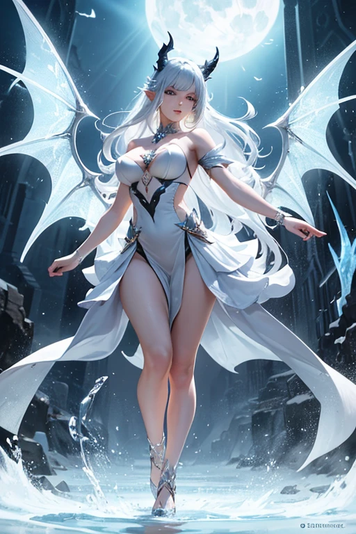 unreal engine:1.4,UHD,The best quality:1.4, photorealistic:1.4, skin texture:1.4, Masterpiece:1.8,White Dragon Queen, young and mature woman, Long elf ears, elegant dress, big chest, curve, Dragon Ling Vawy Hair, super long hair, Smooth Face Features, White dragon horns on his head, majestic woman, silver decoration om your dress, Silver Star Queen,big blue eyes, Cherry Lips, white dragons, starry sky
