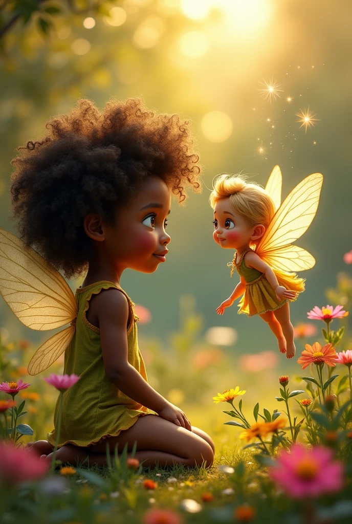 3D drawing of a black woman dressed as a fairy next to the fairy&#39;s van (it&#39;s a van with a library inside, with several books), with a wand in his right hand and a children&#39;s storybook in his left hand, with several children sitting around paying attention to the story the fairy is telling