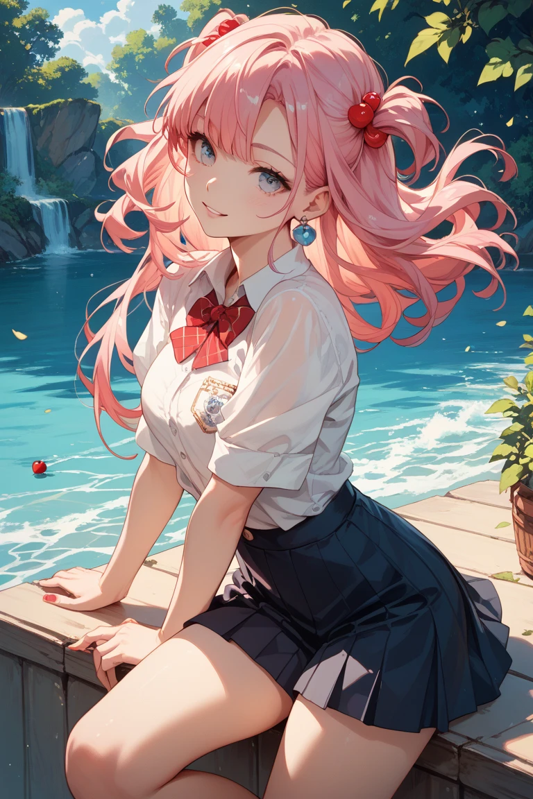 4 Girls with pink hair, long twintail hairstyle, ((small bushy eyebrows)), wearing gothic lolita clothing, lolicon , walking to school, flirty smile,, walking to school, bored look, bored face,, (sitting with legs open lifting her skirt to show her vagina wet with semen),