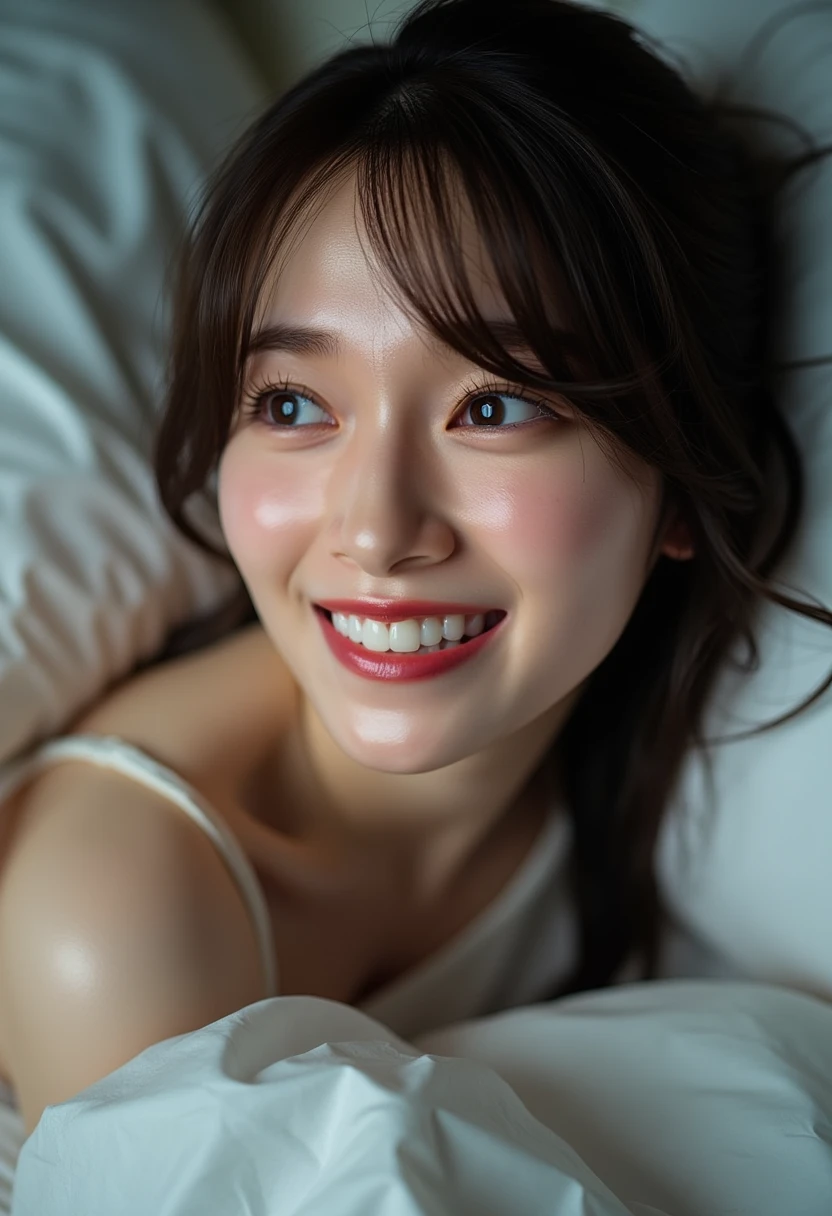 Beautiful girl sitting on bed, Baby Face, (Highest quality:1.4), (Very detailed), (Very detailed美しい顔), (Sleepy eyes:1.5), White T-shirt, Great face and eyes, iris, Medium Hair, The Beauty of Japan, (Skinny body type:1.3), (Flat Chest:1.3), (smile), Smooth, Very detailed CG synthesis 8k wallpaper, High-resolution RAW color photos, Professional photography, Light, BackLight, dream-like, impressive, Written boundary depth, Bedroom bed, (Face close-up:1.3), (Shooting from the side:1.3)