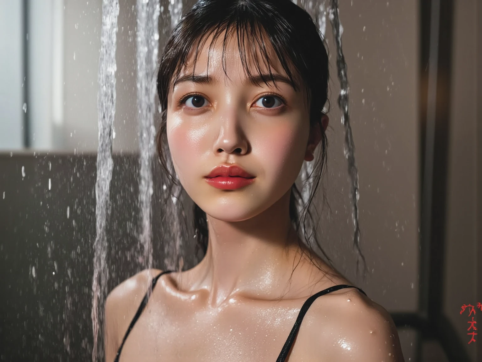 (Best quality, 4k, Masterpiece :1.3), pretty woman, 1girl, sexy :1.1, dark brown hair: 1.1, (shower wet, wet from shower, wet body :1.2), white tank tops, ultra-detailed face, detailed lips, detailed eyes, double eyelid