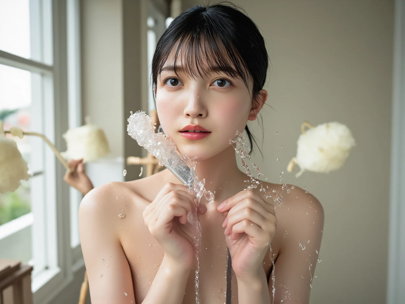 (High resolution:1.3), (16k, Photorealistic, Raw photo, Best image quality: 1.4), Japanese, (One Girl), Beautiful Face, (A vivid face), (Black-haired、short hair:1.3), Beautiful Hairstyles, Realistic eyes, Beautifully detailed eyes, (Realistic Skin), Beautiful skins, attractive, 超A high resolution, Surreal, High detail, Golden Ratio, Highly detailed cute girl,(20-year-old), ((Completely naked)), (Taking a shower、water:1.6)