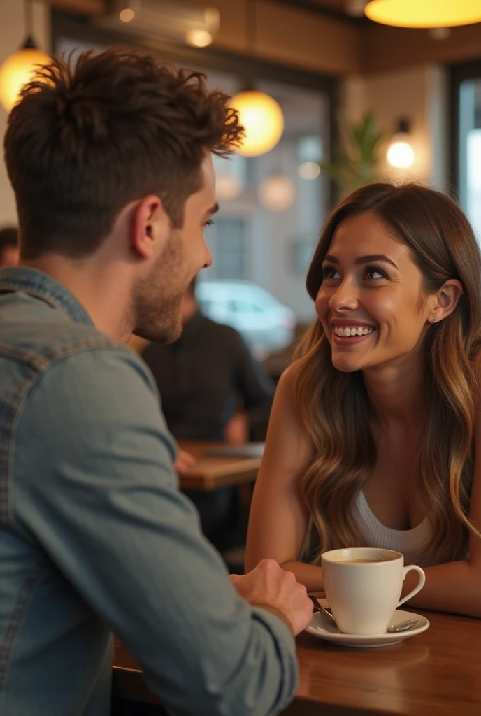 A lively, bustling café setting, filled with the aroma of freshly brewed coffee. A young woman, radiant with a warm, genuine smile, extends her hand to a male customer, presenting their order. The male customer, equally pleased, reaches out to receive the order. The scene is captured in a full-body shot, emphasizing the moment of connection and camaraderie. High contrast lighting illuminates the woman's lovely body, highlighting her smile and the vibrant atmosphere of the café.