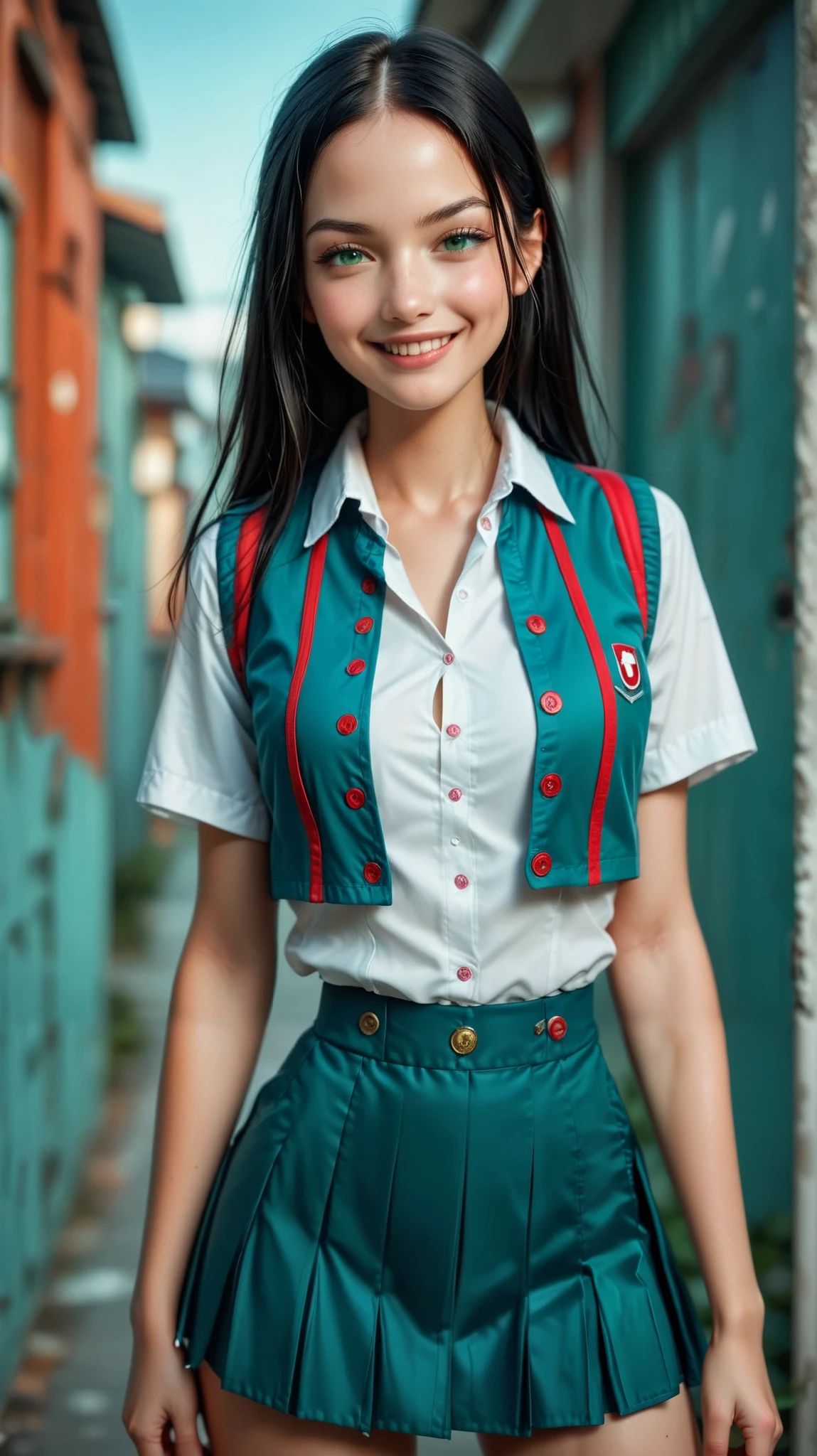 1woman, youthful face, black hair, straight bob, green eyes, smug expression, button-up blouse, pleated skirt, small waist, short height, wide hips, school background, fully clothed, masterpiece, absurdres, ultra-detailed