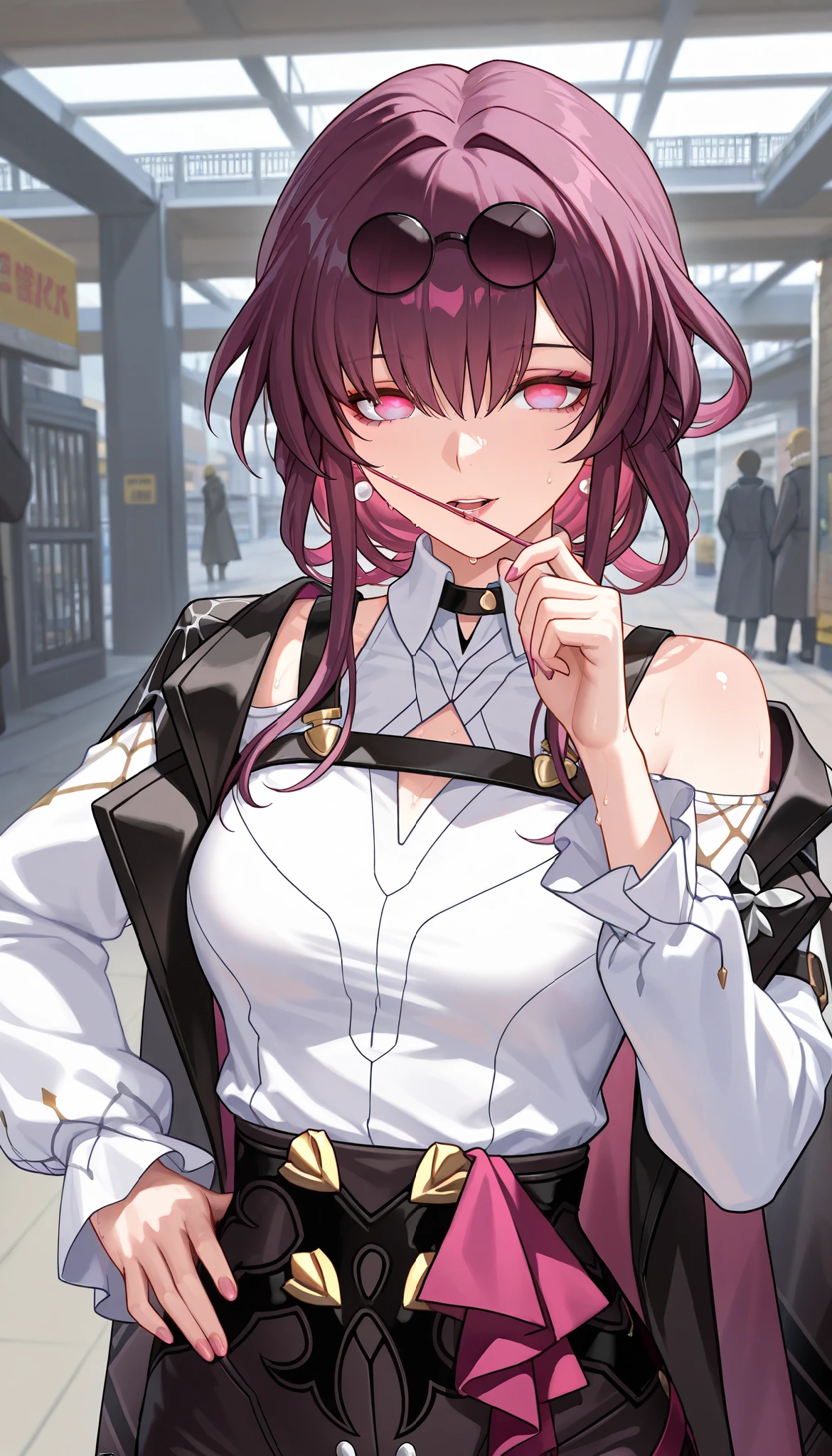 ntr, masterpiece, Adultery, score_9, score_8_up, score_7_up, score_6_superior, source_anime, rating:general, 1 girl, beautiful woman, perfect body, sunburned skin, curvilinear, mature, very small breasts, sweaty, makeup, ( Super Precise Eyes:1.1), Gothic PXL, close one eye, villages with, black coat, viewers, place your hands on your hips,Red Eyes, shiny skin, clavicle, floral print, upper body, lips,bare shoulder, long hair, hair ornament, Chest, popular black coat, knitting glasses, Industrial Park, nail, , hair clip, open your mouth,single knitting glasses, masterpiece, 最high quality, high image quality, newest, ing, zPDXL3, detailxl, score_PnyReal, burgundy hair, Kafka \(honkai star rail with the same leg color\), 8k, high quality, wallpaper