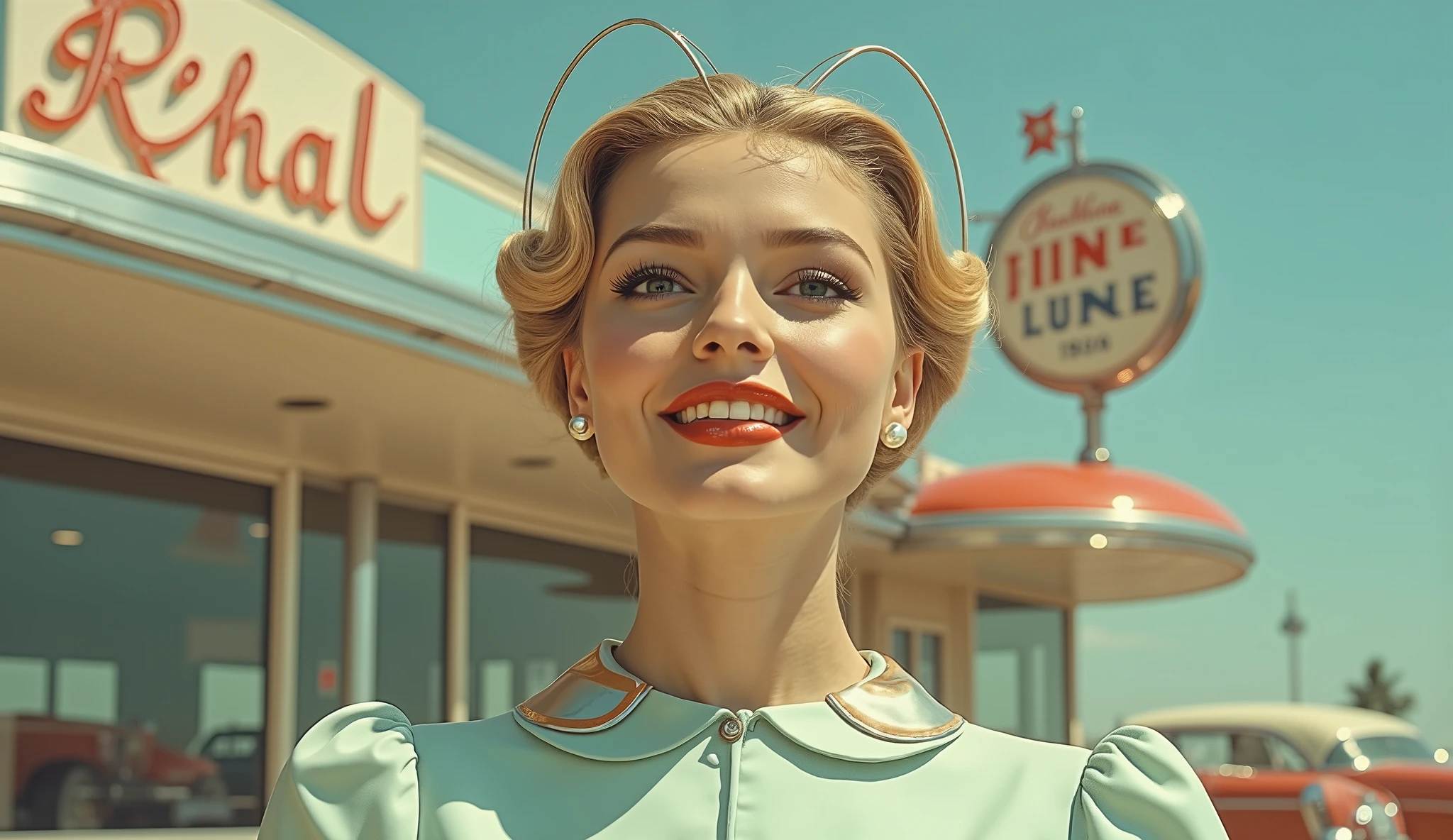 a glamorous retro-futuristic woman smiling confidently, wearing a sleek metallic headband with art deco elements, classic curled bob hairstyle, pearl earring, retro pastel blue dress with futuristic collar, 1950s style makeup, standing in front of a retro diner with neon signs and vintage floating cars, bright midday lighting, clear teal sky, nostalgic atmosphere, cinematic color grading, ultra-realistic style 
