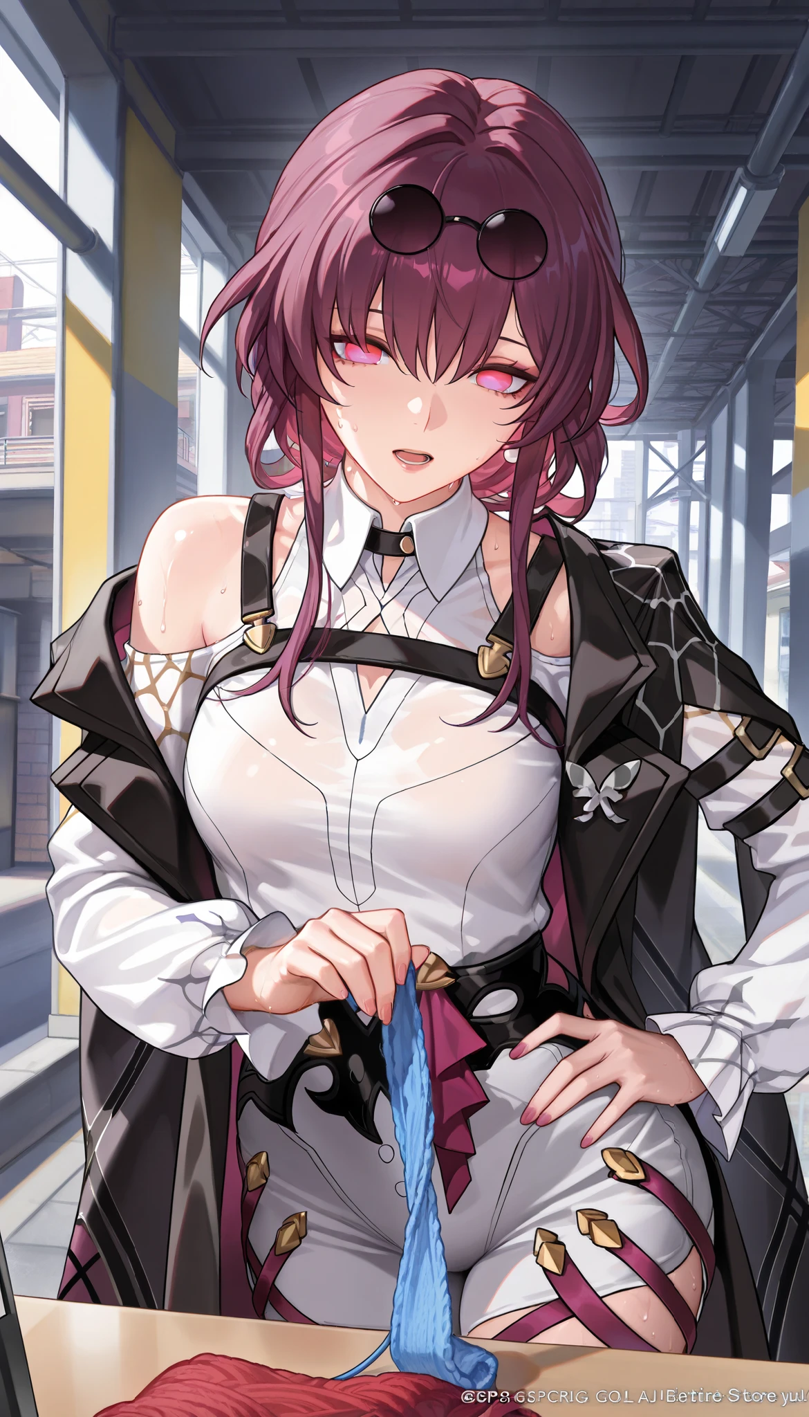ntr, masterpiece, Adultery, score_9, score_8_up, score_7_up, score_6_superior, source_anime, rating:general, 1 girl, beautiful woman, perfect body, sunburned skin, curvilinear, mature, very small breasts, sweaty, makeup, ( Super Precise Eyes:1.1), Gothic PXL, close one eye, villages with, black coat, viewers, place your hands on your hips,Red Eyes,  shiny skin, clavicle, floral print, upper body, lips,bare shoulder, long hair, hair ornament, Chest,   popular black coat, knitting glasses,  Industrial Park, nail, , hair clip, open your mouth,single knitting glasses, masterpiece, 最high quality, high image quality, newest, ing, zPDXL3, detailxl,  score_PnyReal, burgundy hair,  Kafka \(honkai star rail with the same leg color\), 8k, high quality, wallpaper