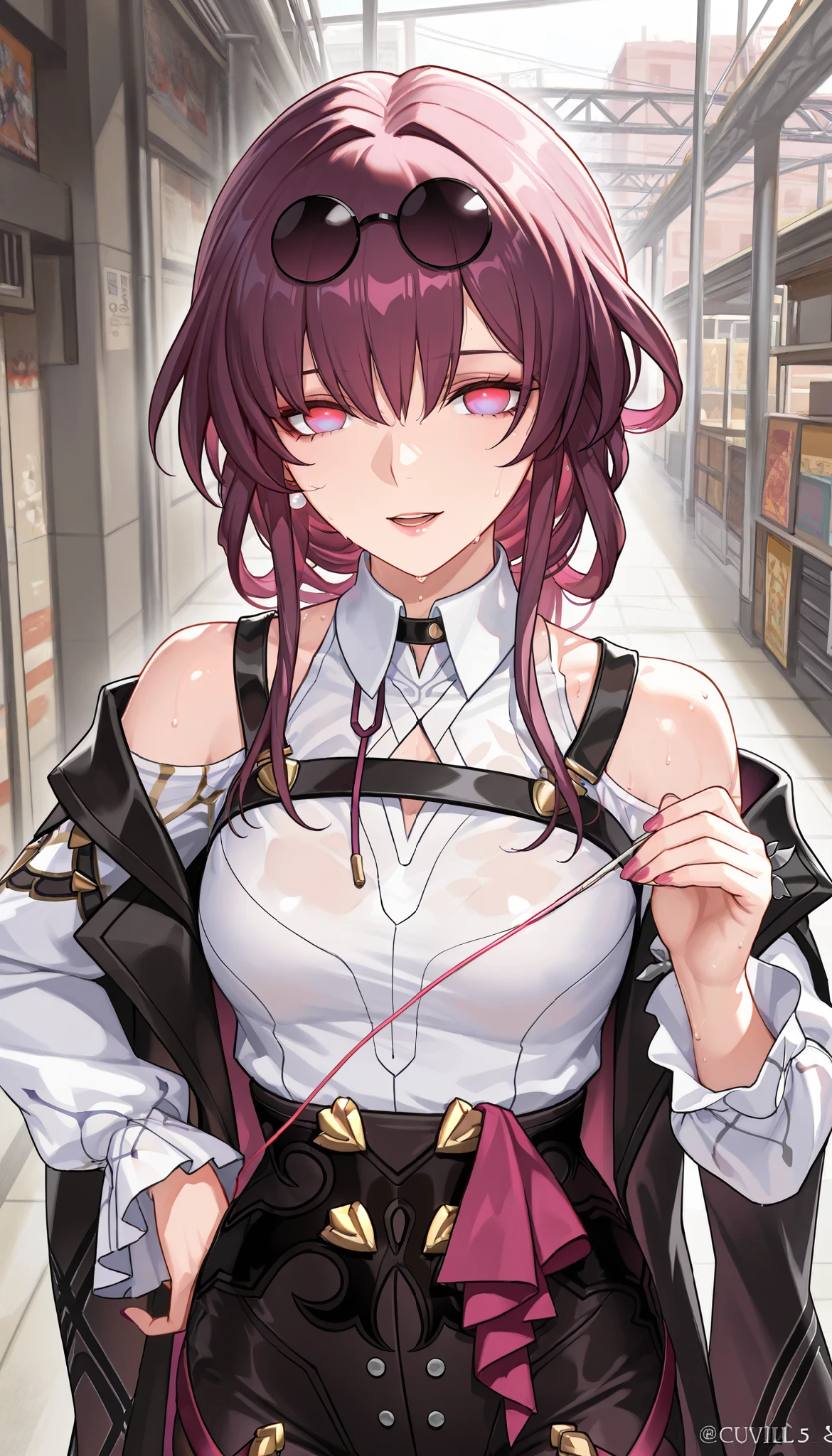 ntr, masterpiece, Adultery, score_9, score_8_up, score_7_up, score_6_superior, source_anime, rating:general, 1 girl, beautiful woman, perfect body, sunburned skin, curvilinear, mature, very small breasts, sweaty, makeup, ( Super Precise Eyes:1.1), Gothic PXL, close one eye, villages with, black coat, viewers, place your hands on your hips,Red Eyes,  shiny skin, clavicle, floral print, upper body, lips,bare shoulder, long hair, hair ornament, Chest,   popular black coat, knitting glasses,  Industrial Park, nail, , hair clip, open your mouth,single knitting glasses, masterpiece, 最high quality, high image quality, newest, ing, zPDXL3, detailxl,  score_PnyReal, burgundy hair,  Kafka \(honkai star rail with the same leg color\), 8k, high quality, wallpaper