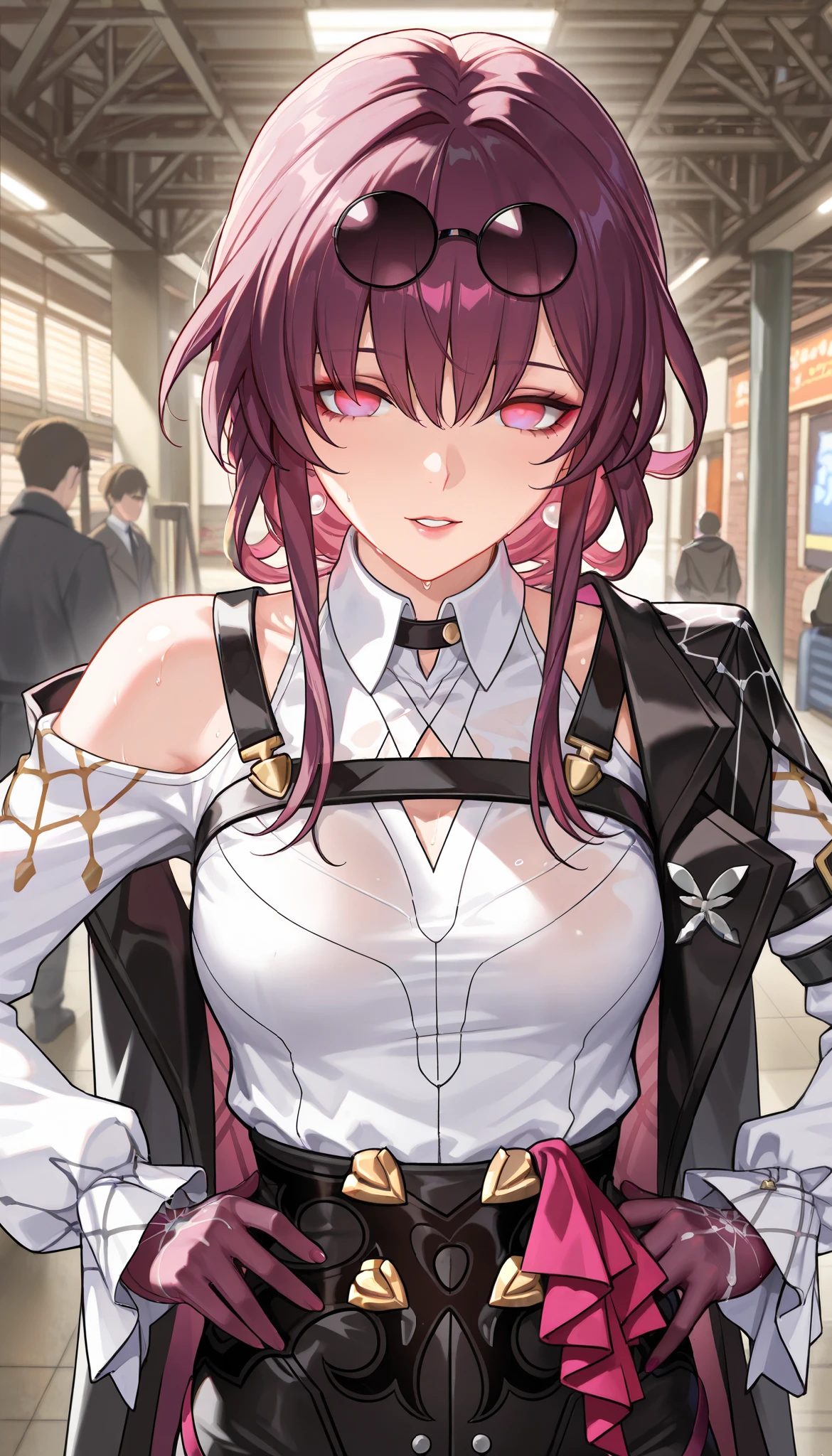ntr, masterpiece, Adultery, score_9, score_8_up, score_7_up, score_6_superior, source_anime, rating:general, 1 girl, beautiful woman, perfect body, sunburned skin, curvilinear, mature, very small breasts, sweaty, makeup, ( Super Precise Eyes:1.1), Gothic PXL, close one eye, villages with, black coat, viewers, place your hands on your hips,Red Eyes,  shiny skin, clavicle, floral print, upper body, lips,bare shoulder, long hair, hair ornament, Chest,   popular black coat, knitting glasses,  Industrial Park, nail, , hair clip, open your mouth,single knitting glasses, masterpiece, 最high quality, high image quality, newest, ing, zPDXL3, detailxl,  score_PnyReal, burgundy hair,  Kafka \(honkai star rail with the same leg color\), 8k, high quality, wallpaper