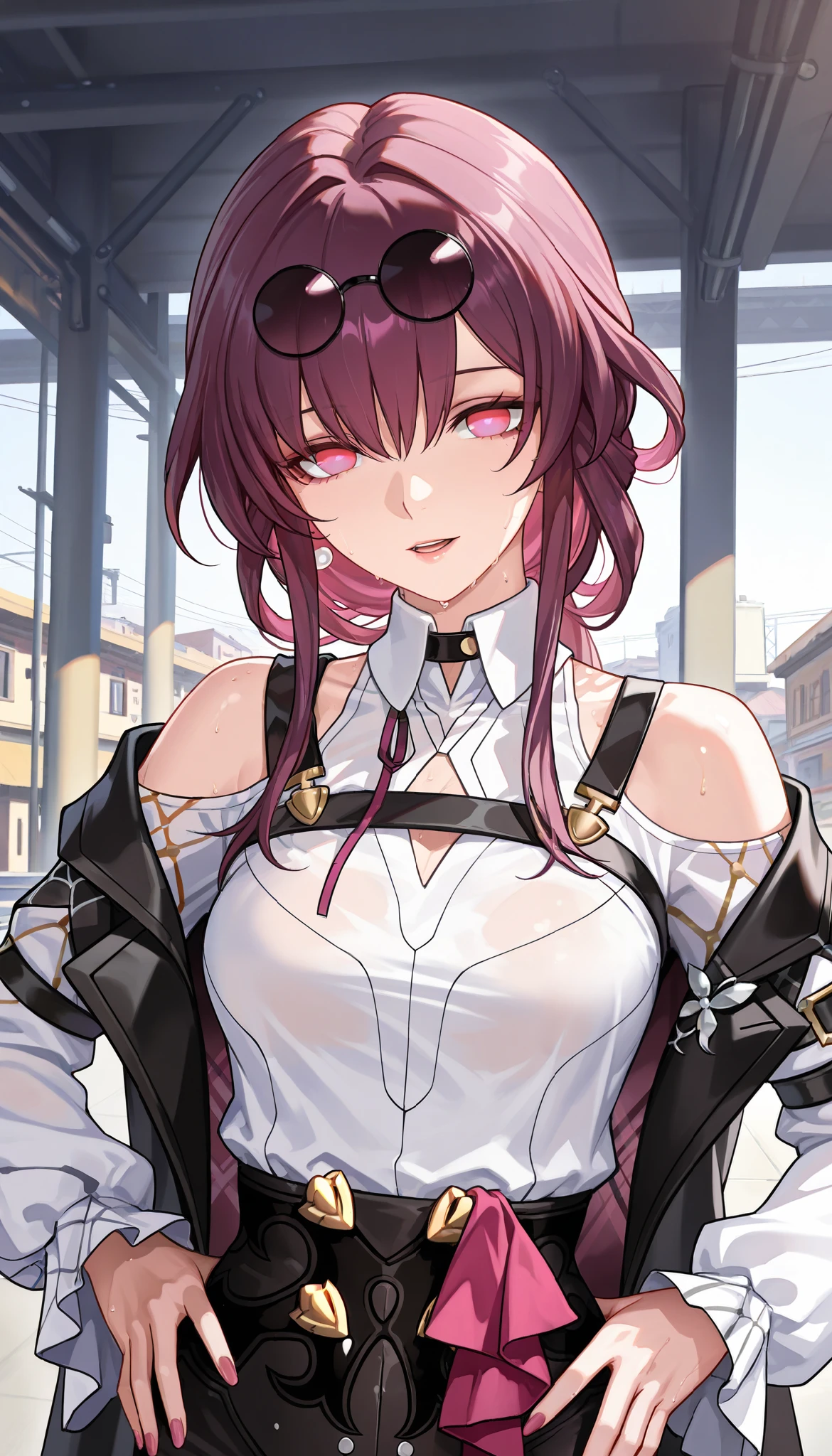 ntr, masterpiece, Adultery, score_9, score_8_up, score_7_up, score_6_superior, source_anime, rating:general, 1 girl, beautiful woman, perfect body, sunburned skin, curvilinear, mature, very small breasts, sweaty, makeup, ( Super Precise Eyes:1.1), Gothic PXL, close one eye, villages with, black coat, viewers, place your hands on your hips,Red Eyes,  shiny skin, clavicle, floral print, upper body, lips,bare shoulder, long hair, hair ornament, Chest,   popular black coat, knitting glasses,  Industrial Park, nail, , hair clip, open your mouth,single knitting glasses, masterpiece, 最high quality, high image quality, newest, ing, zPDXL3, detailxl,  score_PnyReal, burgundy hair,  Kafka \(honkai star rail with the same leg color\), 8k, high quality, wallpaper