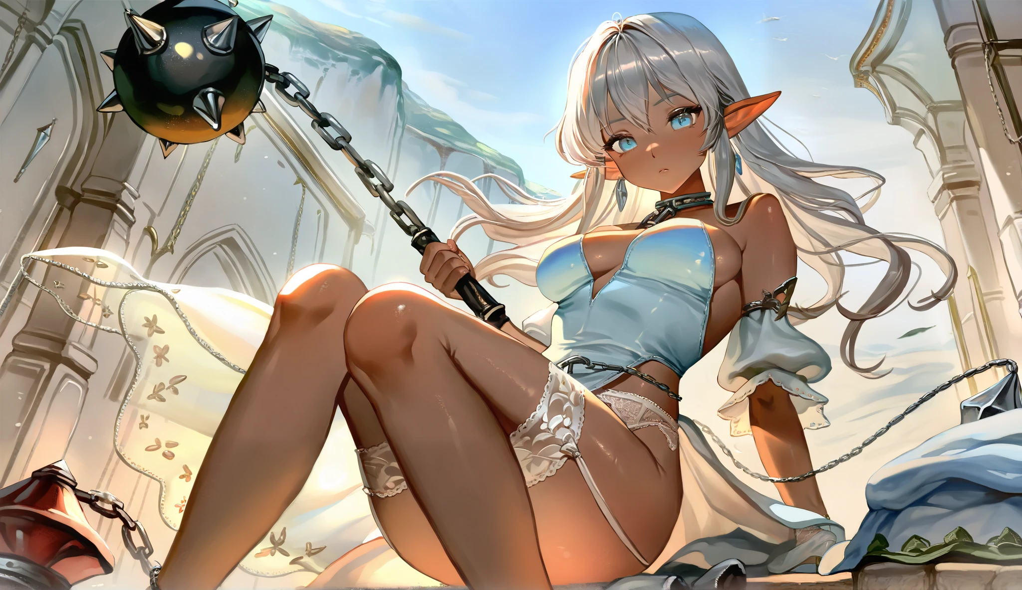 A beautiful girl elven race, slave, white shabby clothes, dirty, detailed, both hands in chains, sad face, neck on iron necklace with red spell stone in front, solo, long white hair, ocean blue eyes, slave seller auction building, 3D face, long ears, medium breasts, white skin, bangs covering eyebrows, smooth thighs, masterpiece