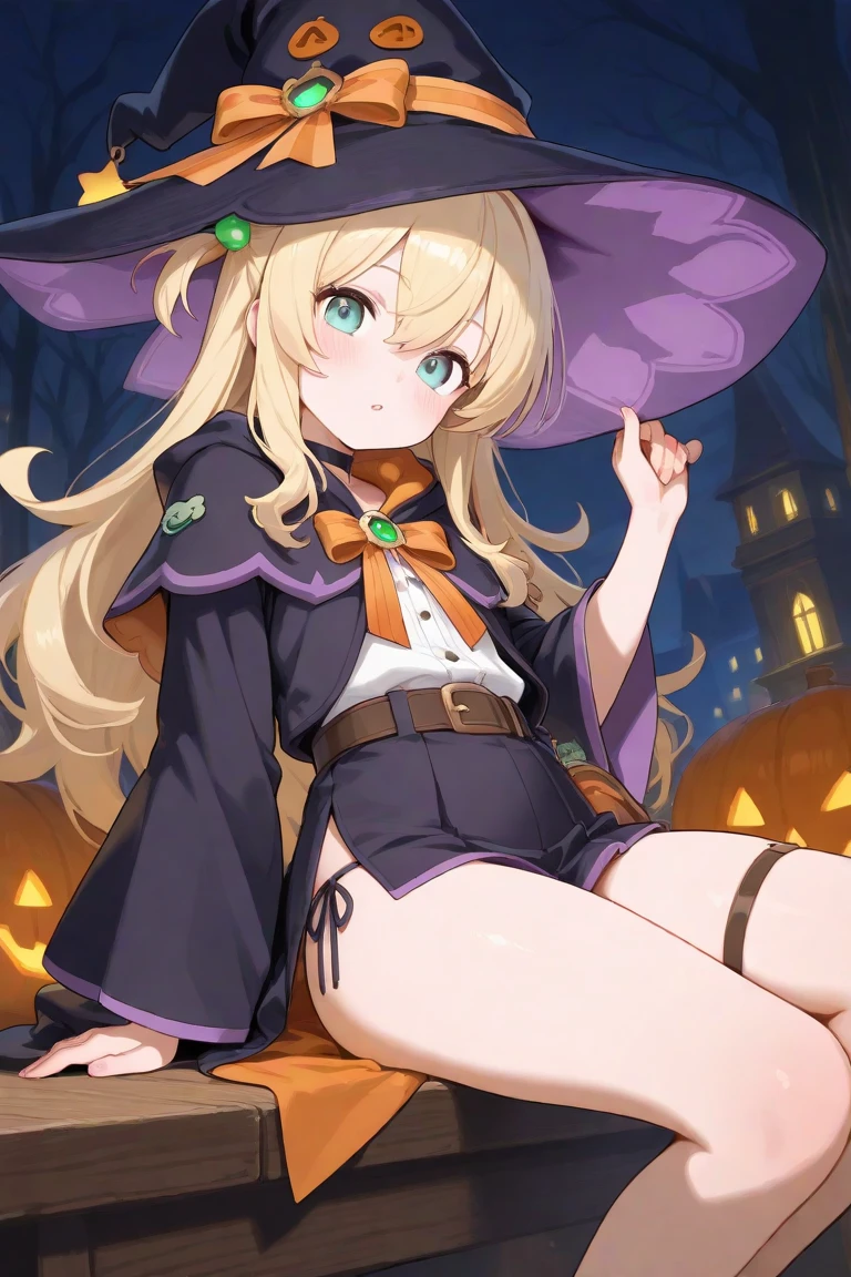 (((Top image quality、8K、low angles、femele)))、((female high-school student、Naughty anime style、kawaii、a beauty girl))、((Dressed as a witch、Flipping up a skirt、Pants are visible)、lascivious、Underpants、pantiy、Flipping up the skirt with your own hands、Facing the front and looking down、Grabbing a skirt with your own hands、((Halloween Cosplay))