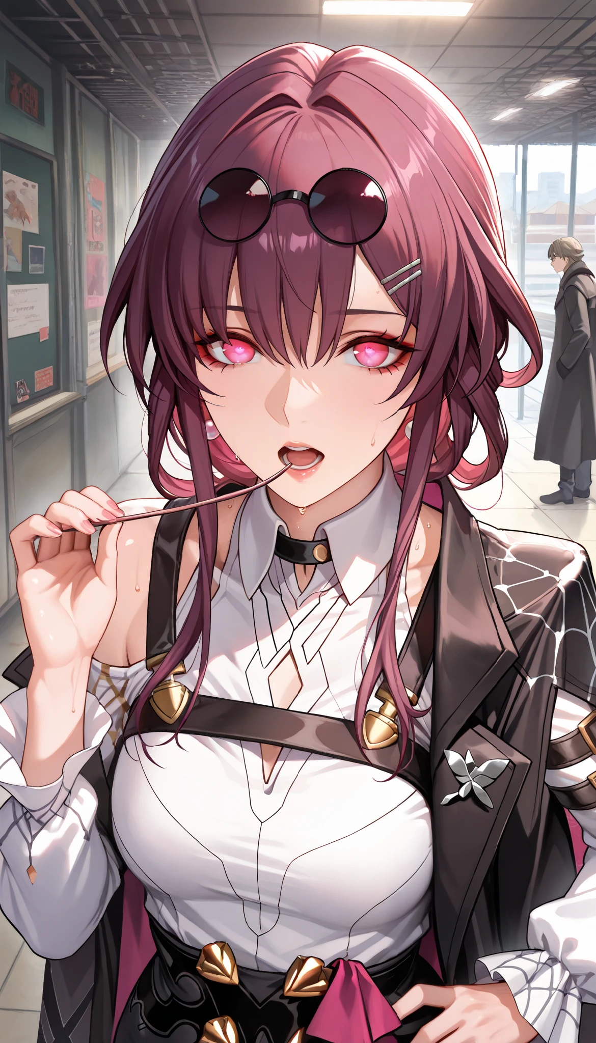 ntr, masterpiece, Adultery, score_9, score_8_up, score_7_up, score_6_superior, source_anime, rating:general, 1 girl, beautiful woman, perfect body, sunburned skin, curvilinear, mature, very small breasts, sweaty, makeup, ( Super Precise Eyes:1.1), Gothic PXL, close one eye, villages with, black coat, viewers, place your hands on your hips,Red Eyes, shiny skin, clavicle, floral print, upper body, lips,bare shoulder, long hair, hair ornament, Chest, popular black coat, knitting glasses, Industrial Park, nail, , hair clip, open your mouth,single knitting glasses, masterpiece, 最high quality, high image quality, newest, ing, zPDXL3, detailxl, score_PnyReal, burgundy hair, Kafka \(honkai star rail with the same leg color\), 8k, high quality, wallpaper