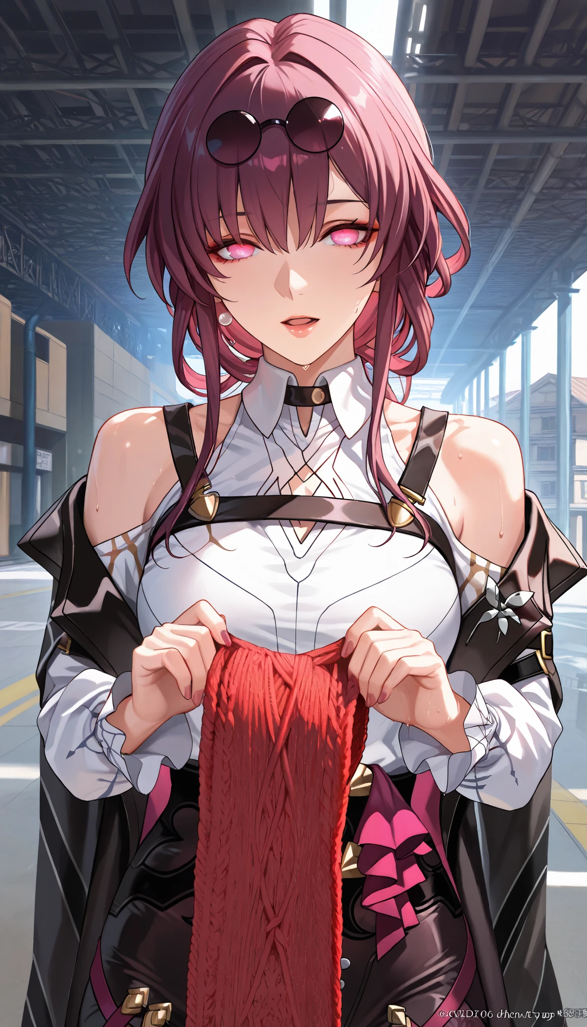 ntr, masterpiece, Adultery, score_9, score_8_up, score_7_up, score_6_superior, source_anime, rating:general, 1 girl, beautiful woman, perfect body, sunburned skin, curvilinear, mature, very small breasts, sweaty, makeup, ( Super Precise Eyes:1.1), Gothic PXL, close one eye, villages with, black coat, viewers, place your hands on your hips,Red Eyes, shiny skin, clavicle, floral print, upper body, lips,bare shoulder, long hair, hair ornament, Chest, popular black coat, knitting glasses, Industrial Park, nail, , hair clip, open your mouth,single knitting glasses, masterpiece, 最high quality, high image quality, newest, ing, zPDXL3, detailxl, score_PnyReal, burgundy hair, Kafka \(honkai star rail with the same leg color\), 8k, high quality, wallpaper