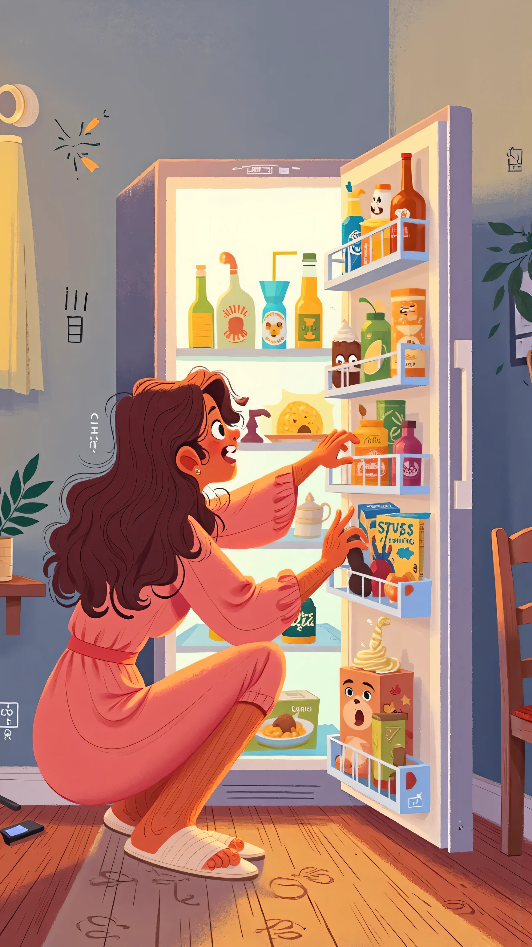 Frontal aerial mid-view camera,showing a warm interior scene:A stylish young woman(back-facing lens,with long brown wavy hair falling naturally), a woman in a pink dress and white slippers crouches in front of an open refrigerator。neatly arranged in the refrigerator with colorful food - ice cream、drinks、fresh fruit,and a box of snack boxes showing teddy bears。Stylish young woman is reaching for a pack of instant noodles,Looking curiously inside the refrigerator。Blurred minimalist space,Light gray wall with log colored floor,ish hand-drawn graffiti on the wall。Soft warm light shines from the top,The cold LED light inside the refrigerator contrasts with the warm light in the room,Create a level of comfort。Flat illustration rendering,with rounded pencil texture,shadows with gradient watercolor strokes,Food packaging Add anthropomorphic expression details。