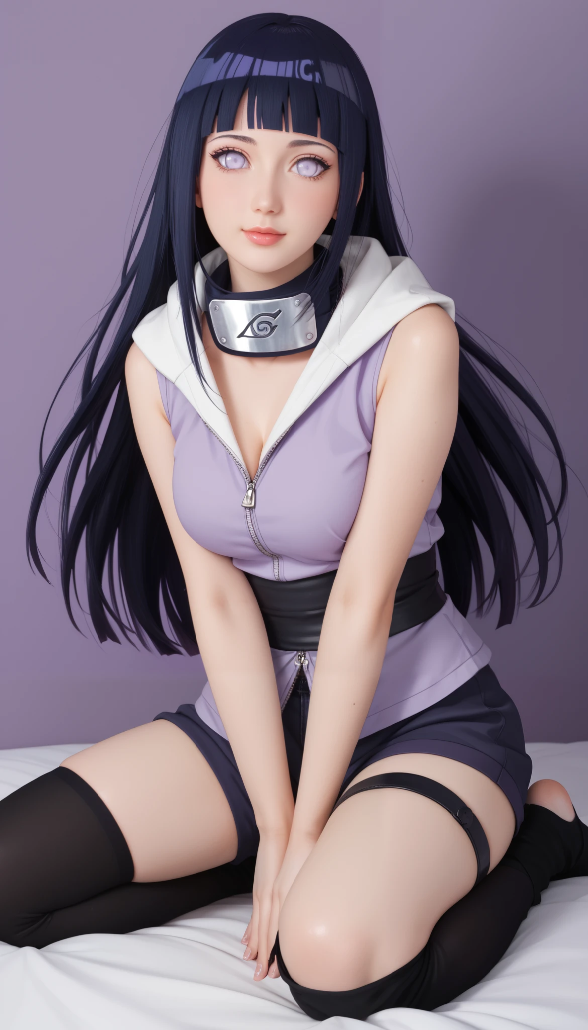 hinataSDXL, long hair, dark blue hair, lavender eyes, solo, mature, sexy, seductive, 18 years old, , thighhighs , room background , purple eyes , shorts , thigh strap , bandages , own hands together , toeless footwear , hyuuga hinata ,forehead protector , konohagakure symbol, :d , pants , hood , hood down, hinata hyuuga outfit from naruto, sexy pose