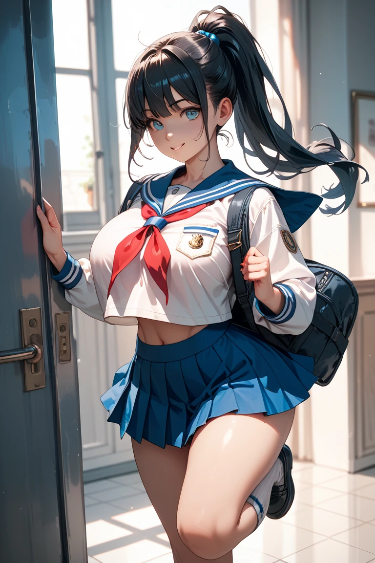 Anime Waifu beautiful detailed eyes, beautiful detailed lips, extremely detailed eyes and face, longeyelashes, 1girl, sensual, young woman, medium breasts, beautiful feminine face, nice thighs, slim, sexy, erotic, beautiful clothes, perfect body, cinematic lighting and framing, (best quality,4k,8k,highres,masterpiece:1.2),ultra-detailed,digital painting,portrait,glamorous,highly detailed,soft lighting,warm color tones  (((Upper Body、Shooting from below))、(((Accentuate your breasts、Shiny underwear、、Uniform Sailor Suit、mini skirt)))、Highest quality, 8k, masterpiece :1.3)), whole body, Sharp focus :One Girl,Glowing Skin,SSexy pose,Highest quality,Tabletop,shape,Very delicate and beautiful,Hmph,8k wallpaper,wonderful,In detail,Official Art,Very detailedなティッカーUnity 8k wallpaper,Incredibly ridiculous,Large file size,Very detailedな,High resolution,Very detailed,Beautiful detailed girl,Realistic,X-ray,The queue is full,(((Uniform Sailor Suit、mini skirt)))、(((Big Breasts、Black Hair、Uniform Sailor Suit、chool、classroom)))、Stand upright、Cleavage , ((Long black hair、))、Uniform Sailor Suit、exy pose、Hairstyle: Ponytail、both hands