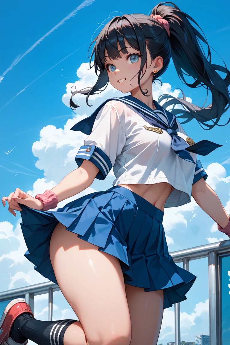 Vast blue sky,Very detailed, delicate and dynamic,A big smile,Super quality, 16k,Student bag,Black Hair,A high school girl runs through the blue sky,白いcloud,running,Sailor suit,uniform,youth,,Blue sky,cloud, Wind-effect, background,Sideways dash,Sweat,Sideways dash,sense of achievement,Wearing a skirt