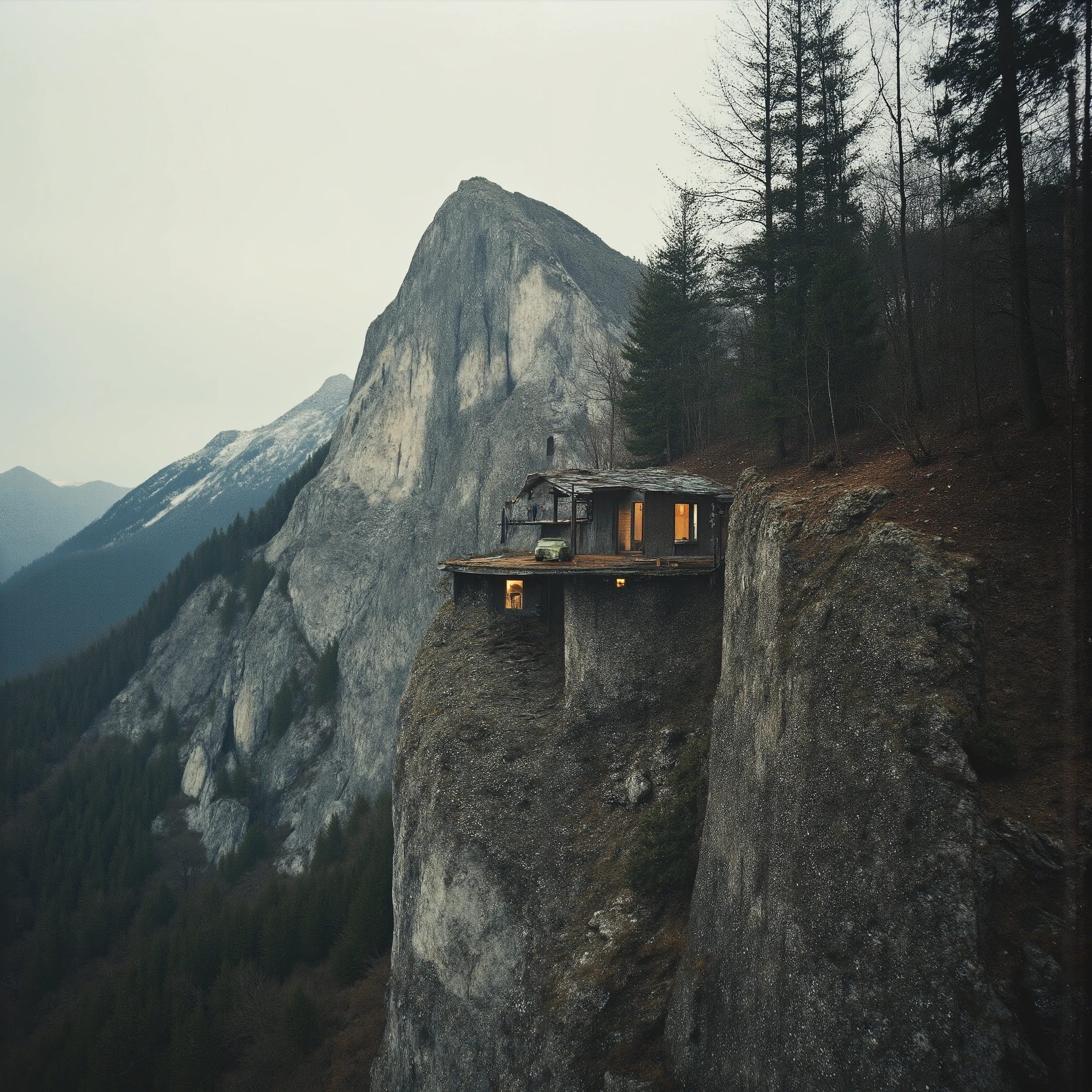 “The Silent Outpost, Spectacular escapism. Paradoxically built with vertigo induced proportions and mind bending perspectives), (Bizarre brutalism), A breathtaking minimalist Japanese avant garde mountain retreat and home pod, (dark minimalist + brutalist architecture), strange & imaginative designs (and epic composition with drone cinematography by Jonny FPV, awe inspiring with a gravity-defying and immersive POV, muted colour analog color palette, (avant garde post-surrealism and brutalist retro futuristic science-fiction aesthetics), dieselpunk, future dark wave, industrial, raw concrete, rule of thirds, intricately built on the verge and clinging to a jagged Scandinavian mountainside—(spectacular perspectives), raw, edgy future tech noir, (dark avant garde brutalism), the future space pod home is composed of gritty raw and exposed metal and futuristic organic materials seamlessly integrated into the rock face.
Designed in the brutalist avant-garde styles of Kisho Kurokawa, Hiroshi Hara, Fumihiko Maki, (dark minimalist architectural design that integrates respectfully within its natural high surroundings and curated with a a gritty atmosphere of openness, it is both a refuge and a haunting anomaly in the desolate wilderness). Surrounded by megalithic mountains, with a dense pine rainforest, a gritty Pale mist coils through the skeletal pines, swallowing the distant landscape, while the last traces of a violent, otherworldly sunset bleed into the storm-laden sky—fiery pinks, reds and oranges fading into abyssal hazy blues. The ominous air is thick with an unsettling silence, broken only by the wind howling through exposed steel beams(neo gothic avant garde brutalism, stylistically sci-fi future design aesthetic. flickering burnt amber interior light suggests life The smouldering atmosphere is drenched in solitude, tension, and the surreal weight of the unknown—an architectural dream on the verge of a nightmare.”