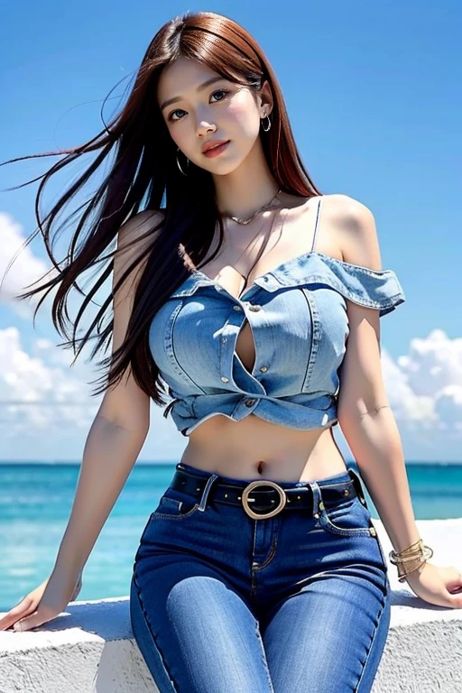 ((cowboy shot)), realistic detailed photo of a giant breasted girl with exposed shoulders, detailed fingers, high quality skin, red eyes, alone in a winter scene with clouds, wind, and flowing hair, (best quality,4k,8k,highres,masterpiece:1.2),ultra-detailed,(realistic,photorealistic,photo-realistic:1.37),studio lighting,vivid colors
