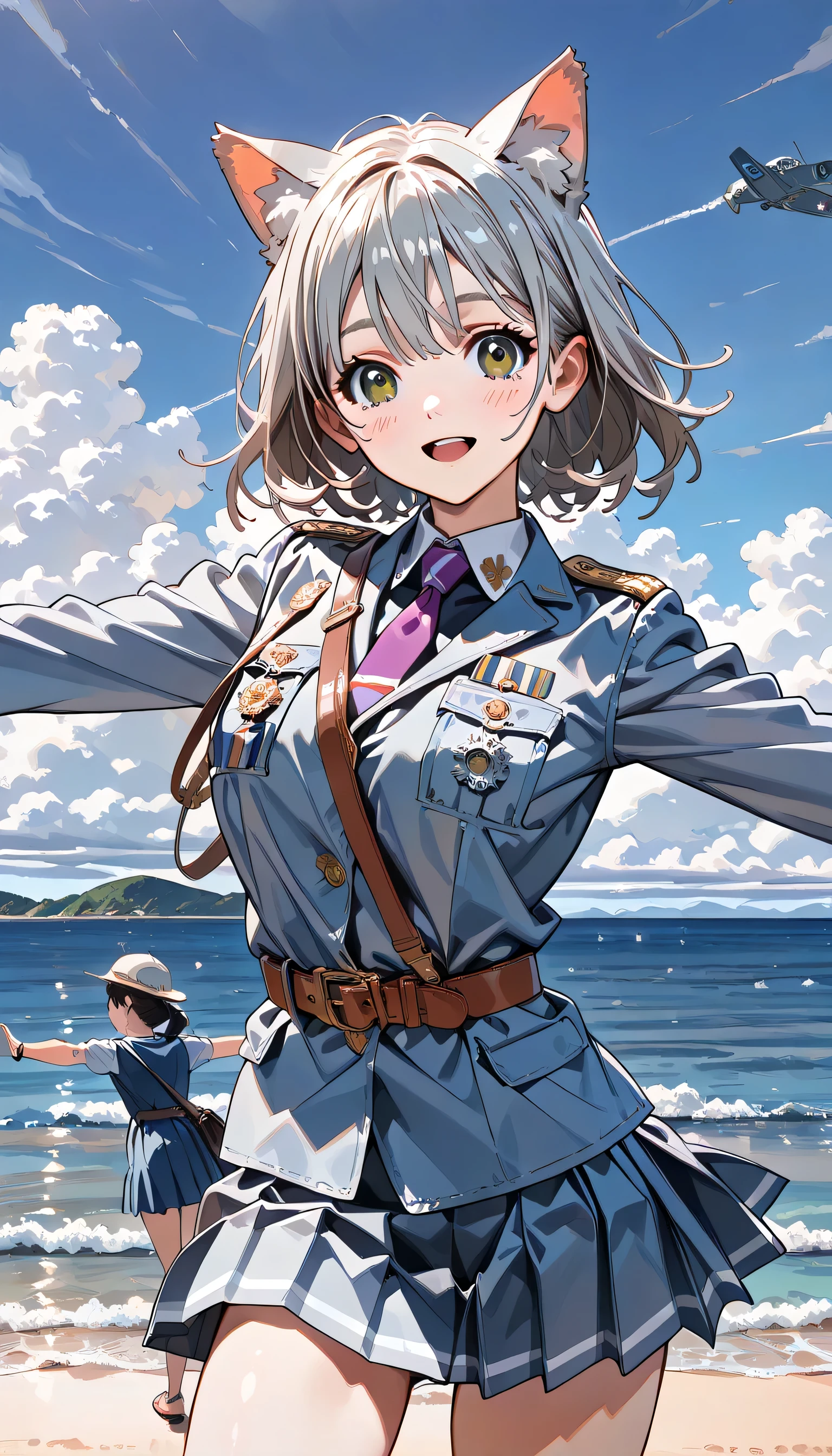 ((ultra-detailed)), (highly detailed CG illustration), (best quality:1.2), ultra-highly detailed, colorful composition, artistic photoshoot, 1girl, solo focus, ((thigh to top:1.4)), ((cowboy shot:1.4)), moe anime character, girl, dainty facial structure, (baby face), (round face), ((rounded chin:1.2)), ((ideal ratio body proportions)), purple eyes, ((wearing glasses)), ((round eyewear)), (silver hair color), (long hair), (half updo), ((fluttering hair)), ((cat ears:1.3)), ample breasts, ((french air force light blue uniform with gold decoration during World War II)), ((white collar inner shirt)), french military kepi hat with light blue World War II, ((pale purple tie:1.4)), ((medal on breast with red ribbon:1.4)), ((sam brown belt with shoulder strap:1.4)), ((smile:1.2)), ((cry with joy:1.3)), ((shedding tears:1.3)), ((blush:1.3)), ((open mouth:1.2)), ((spread arms:1.3)), ((looking viewer)), ((spoken Heart)), ((Beautiful field with red flowers blooming:1.4)), ((red petals are dancing in the wind:1.3)), ((horizon:1.3)), ((beautiful detailed sky:1.4)), dynamic pose, contrapposto pose, best quality, masterpiece, from front, expecting, pink cheek, blush, light pink gloss slip, portrait, depth of field, soft lighting, sidelighting, (shine), lighting, caustics, ray tracing, perfect face, lustrous skin, highly detailed face, highly detailed eyes, perfect face, perfect nose, perfect hair, perfect eyes, perfect anatomy, beautiful hair, beautiful small face, extremely detailed face, beautiful detailed eyes, beautiful clavicle, beautiful body, beautiful huge breasts, leavage, breasts squeezed together, equalize the size of the left and right breasts, beautiful thin thighs, beautiful legs, beautiful fingers, 4 fingers, 1 thumb, lovely, (very detailed background:1.0), (highly detailed background:1.0), spring aesthetic, intricate details, tight atmosphere, spring colors palette, chromatic aberration