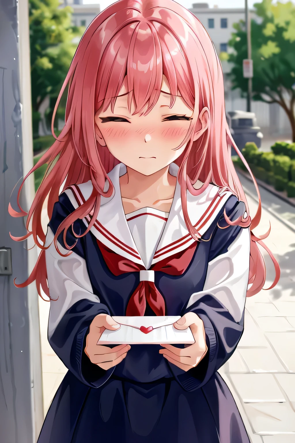 from slightly above, focus face, upper body, 1girl, arms stretch forward, embarrassed, shy:1.3, blush:1.3, love letter, handed viewer the love letter:1.3, With her head bowed:1.3, closed eye, Avoiding eye contact with a crimson blush, sailor uniform, school gate, (absurdres, masterpiece, 8K)