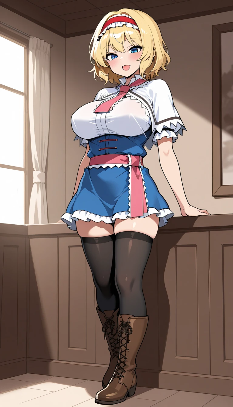 score_9, score_8_superior, score_7_superior, score_6_superior,an anime girl in a white dress standing next to a door with her arms behind her back, 1girl, breasts, solo, smile, looking at viewer, long sleeves, belt, thighhighs, jewelry, bangs, boots, black hair, frills, blush, purple eyes, earrings