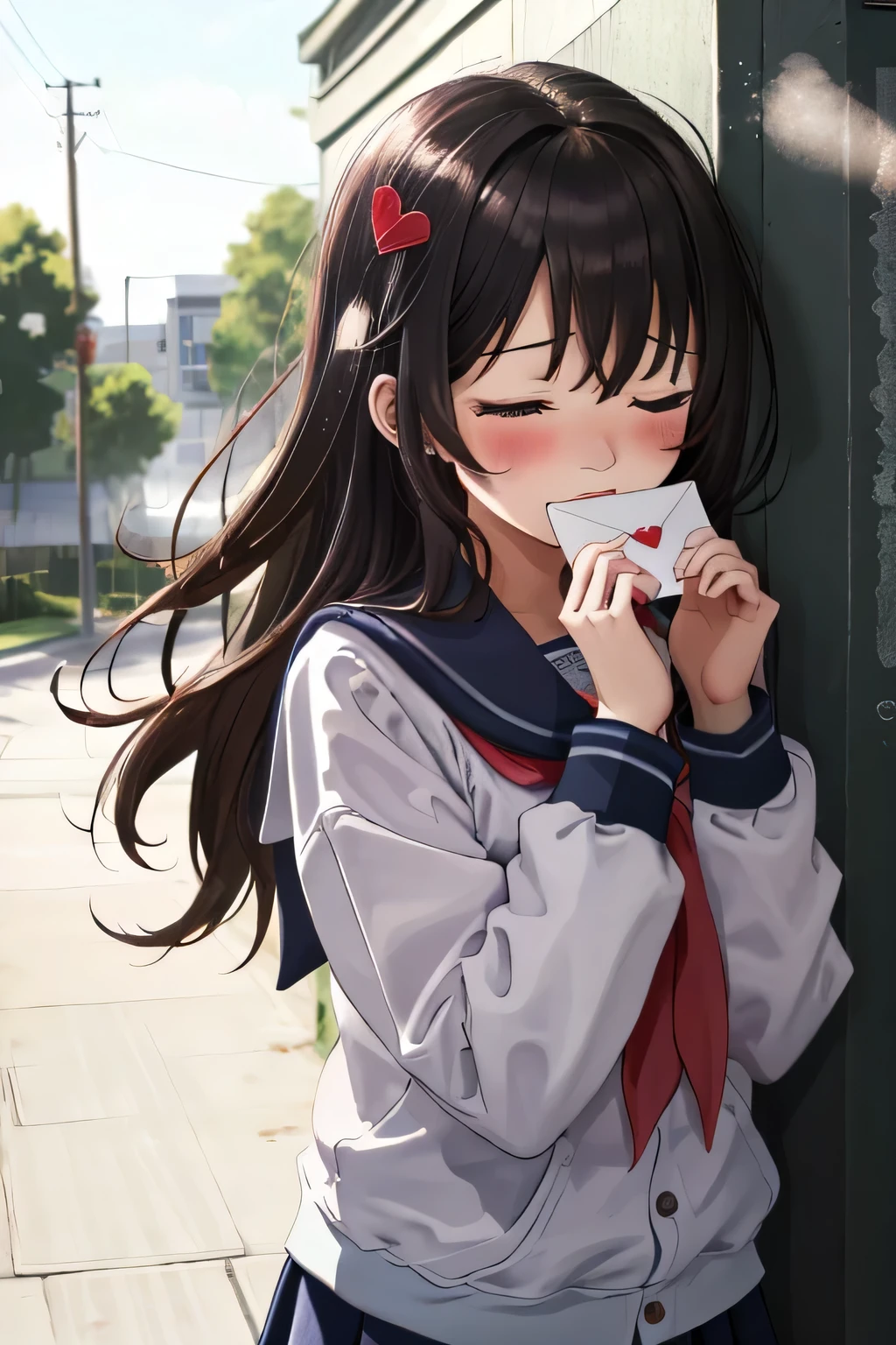 from slightly above, focus face, upper body, 1girl, arms stretch forward:1.3, embarrassed, shy:1.2, blush:1.2, love letter, handed viewer the love letter:1.1, With her head bowed:1.3, closed eye, Avoiding eye contact with a crimson blush, sailor uniform, pleats skirts, school gate, spoken hearts, (absurdres, masterpiece, 8K)