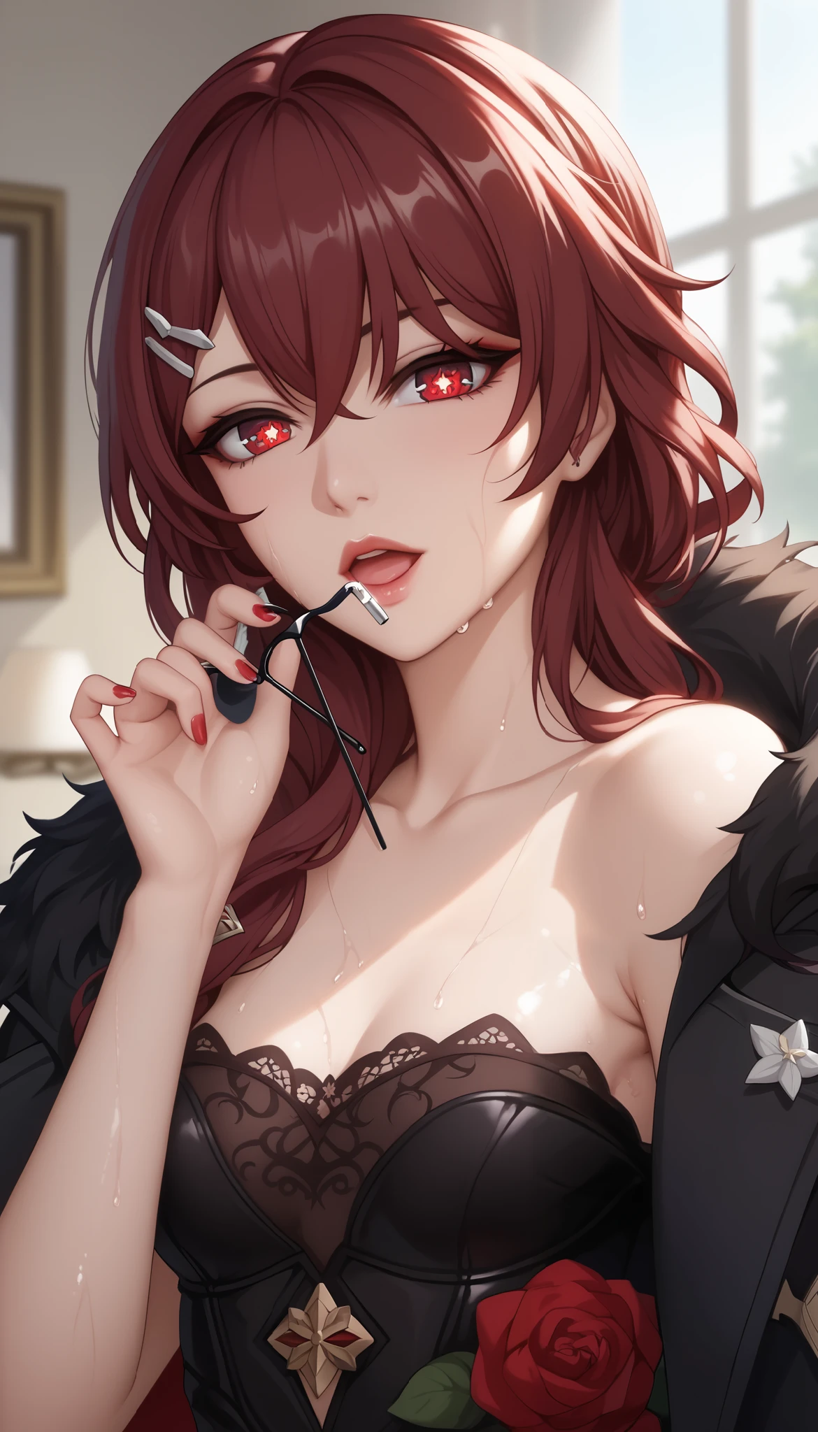ntr, masterpiece, Adultery, score_9, score_8_up, score_7_up, score_6_superior, source_anime, rating:general, 1 girl, beautiful woman, perfect body, sunburned skin, curvilinear, mature, very small breasts, sweaty, makeup, ( Super Precise Eyes:1.1), Gothic PXL, close one eye, villages with, black coat, viewers, place your hands on your hips,Red Eyes,  shiny skin, clavicle, floral print, upper body, lips,bare shoulder, long hair, hair ornament, Chest,   popular black coat, knitting glasses,  Industrial Park, nail, , hair clip, open your mouth,single knitting glasses, masterpiece, 最high quality, high image quality, newest, ing, zPDXL3, detailxl,  score_PnyReal, burgundy hair,  Kafka \(honkai star rail with the same leg color\), 8k, high quality, wallpaper