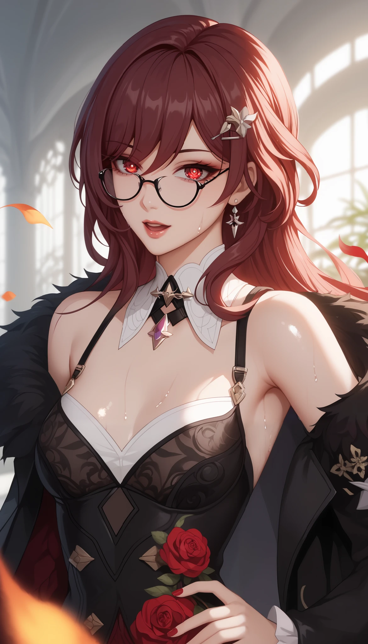 ntr, masterpiece, Adultery, score_9, score_8_up, score_7_up, score_6_superior, source_anime, rating:general, 1 girl, beautiful woman, perfect body, sunburned skin, curvilinear, mature, very small breasts, sweaty, makeup, ( Super Precise Eyes:1.1), Gothic PXL, close one eye, villages with, black coat, viewers, place your hands on your hips,Red Eyes,  shiny skin, clavicle, floral print, upper body, lips,bare shoulder, long hair, hair ornament, Chest,   popular black coat, knitting glasses,  Industrial Park, nail, , hair clip, open your mouth,single knitting glasses, masterpiece, 最high quality, high image quality, newest, ing, zPDXL3, detailxl,  score_PnyReal, burgundy hair,  Kafka \(honkai star rail with the same leg color\), 8k, high quality, wallpaper