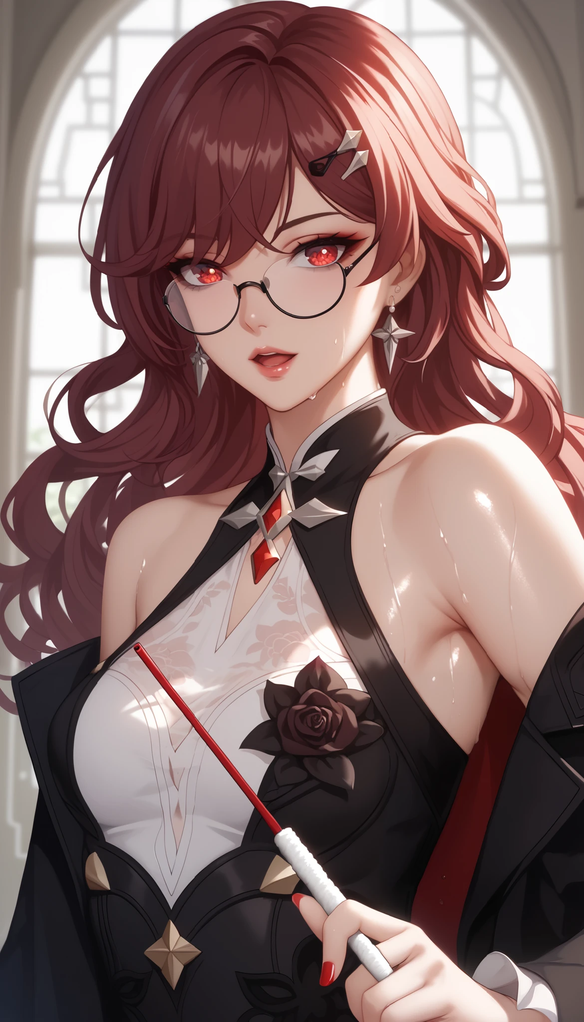 ntr, masterpiece, Adultery, score_9, score_8_up, score_7_up, score_6_superior, source_anime, rating:general, 1 girl, beautiful woman, perfect body, sunburned skin, curvilinear, mature, very small breasts, sweaty, makeup, ( Super Precise Eyes:1.1), Gothic PXL, close one eye, villages with, black coat, viewers, place your hands on your hips,Red Eyes,  shiny skin, clavicle, floral print, upper body, lips,bare shoulder, long hair, hair ornament, Chest,   popular black coat, knitting glasses,  Industrial Park, nail, , hair clip, open your mouth,single knitting glasses, masterpiece, 最high quality, high image quality, newest, ing, zPDXL3, detailxl,  score_PnyReal, burgundy hair,  Kafka \(honkai star rail with the same leg color\), 8k, high quality, wallpaper