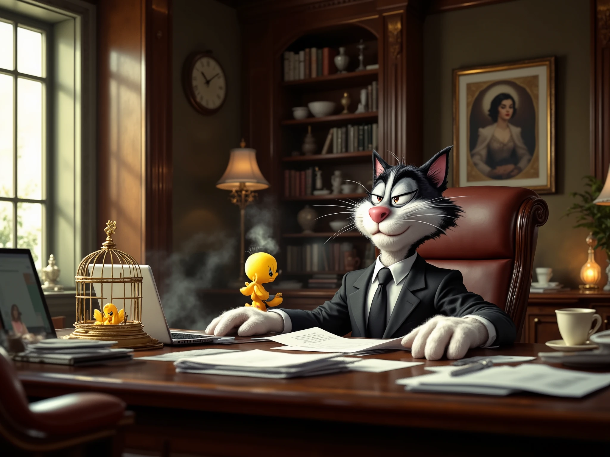 Sylvester the Cat, the iconic cartoon feline, works in a modern office. He's dressed in a smart business suit, sitting at a sleek wooden desk piled high with papers, a laptop, and a steaming cup of coffee. On the desk is a golden cage containing Tweety, the cheerful little yellow canary, looking mischievous. Sylvester has a frustrated yet determined expression as he looks up at Tweety, who appears to be joking with him. The office features large windows letting in warm sunlight, stylish leather chairs, and wooden bookshelves in the background. The scene is captured cinematically using a Canon EOS 5D Mark IV with a 50mm f/1.8 lens, with a shallow depth of field and soft bokeh. The composition follows the rule of thirds, with Sylvester slightly off-center and the cage as the focal point, creating a dynamic and engaging image.