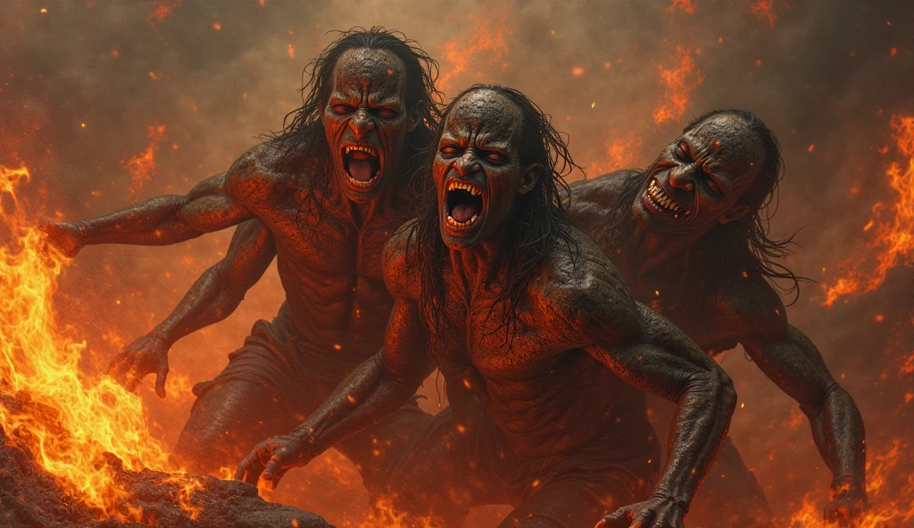 A tragic image of hell where three hell man are burning badly 