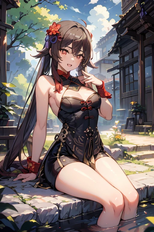 (tmasterpiece,best qualtiy), (illustratio), 1girll, hu tao (genshin impact), Shhhh, Hats, red eyes, double tails, brown hair, 独奏, symbol-shaped pupils, long whitr hair,By bangs, Black shorts, Chinese clothes, hutaornd, Sat down, sit on stairs, Chinese architecture,gigantic cleavage breasts,semi-bare,Sexy big ass,Erotic lingerie,Fiddle with sexy ass,Expose sexy breasts,Expose ,Protruding anteriorly and posteriorly,pornographic