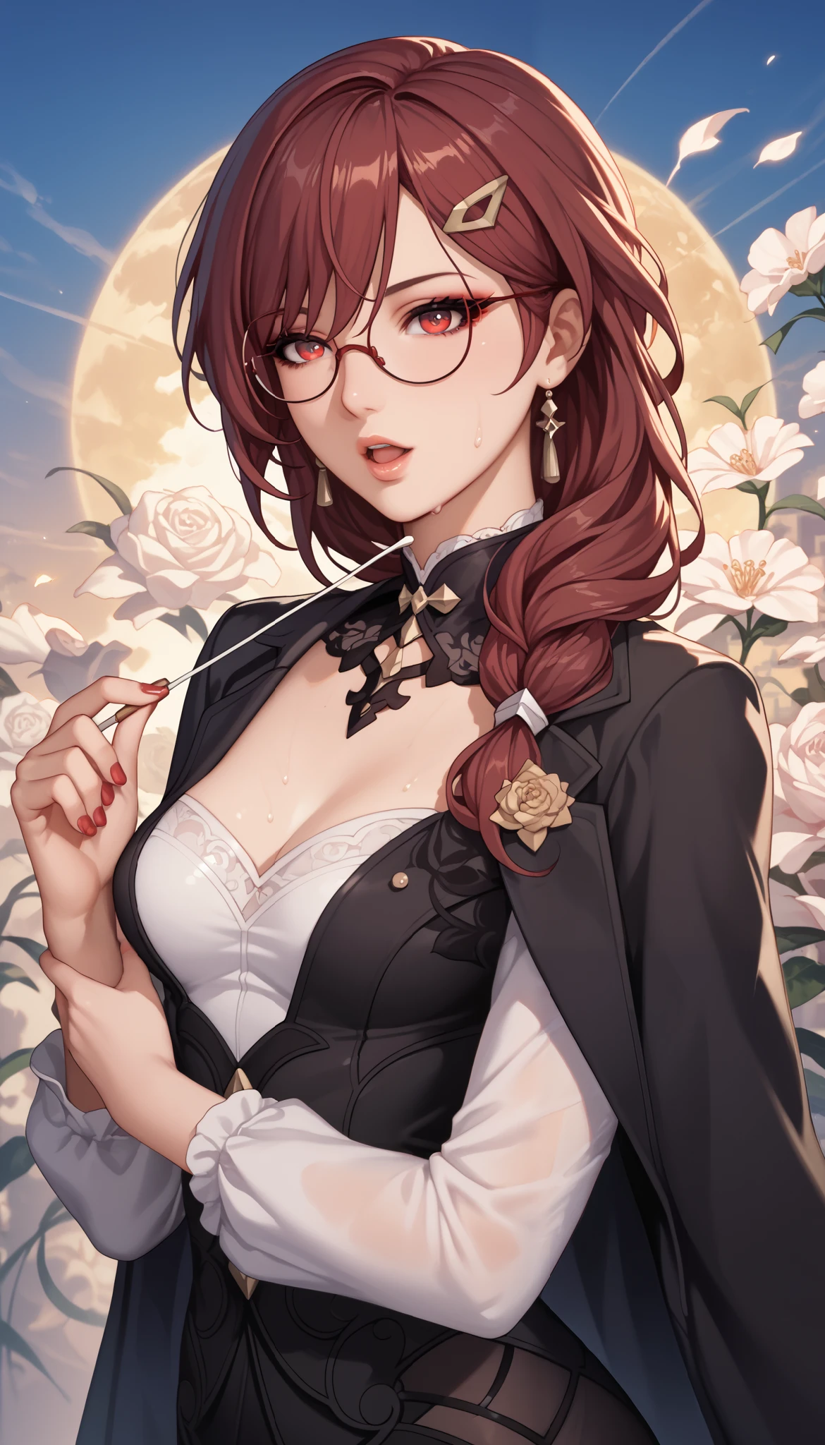 ntr, masterpiece, Adultery, score_9, score_8_up, score_7_up, score_6_superior, source_anime, rating:general, 1 girl, beautiful woman, perfect body, sunburned skin, curvilinear, mature, very small breasts, sweaty, makeup, ( Super Precise Eyes:1.1), Gothic PXL, close one eye, villages with, black coat, viewers, place your hands on your hips,Red Eyes, shiny skin, clavicle, floral print, upper body, lips,bare shoulder, long hair, hair ornament, Chest, popular black coat, knitting glasses, Industrial Park, nail, , hair clip, open your mouth,single knitting glasses, masterpiece, 最high quality, high image quality, newest, ing, zPDXL3, detailxl, score_PnyReal, burgundy hair, Kafka \(honkai star rail with the same leg color\), 8k, high quality, wallpaper