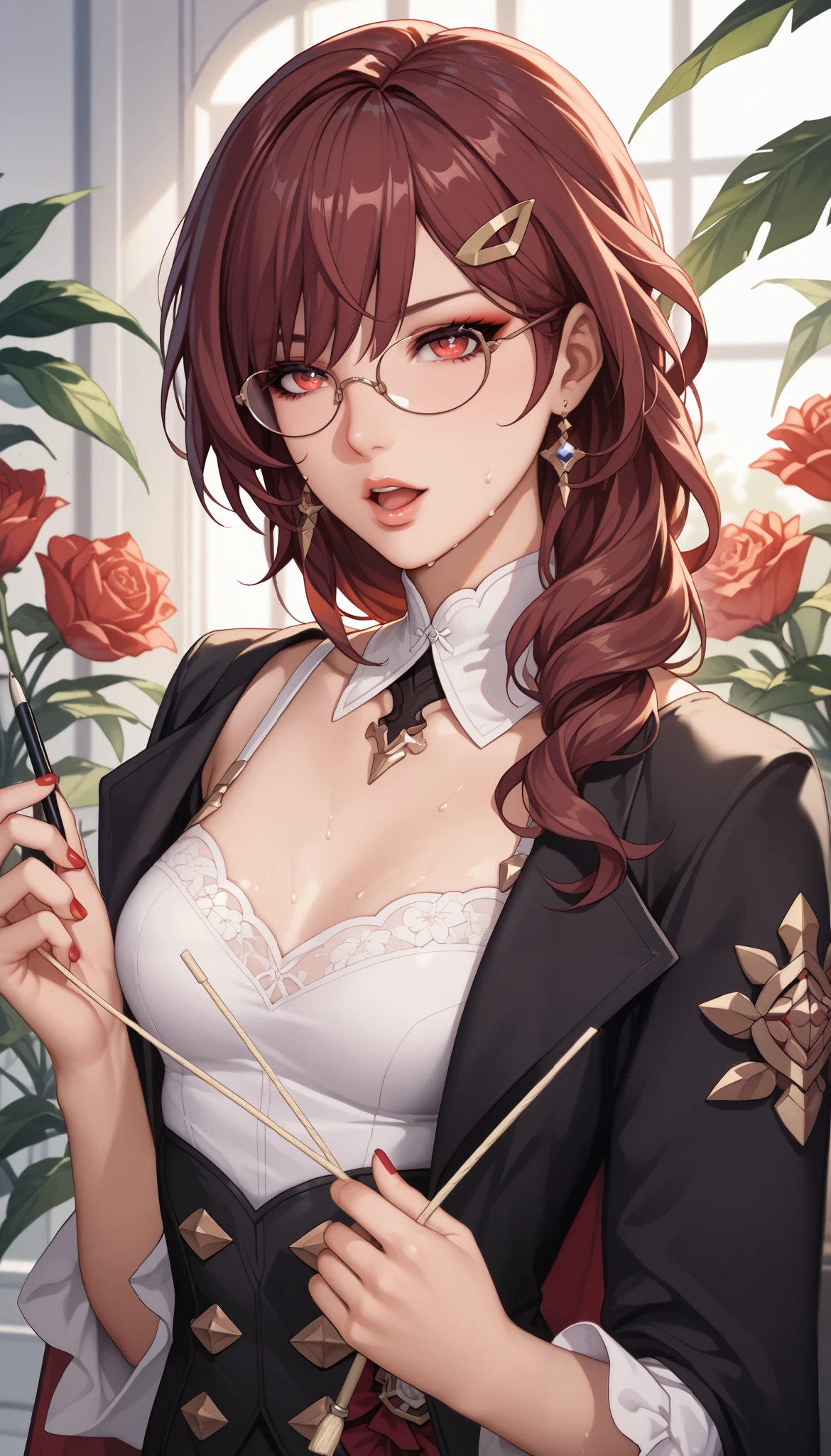 ntr, masterpiece, Adultery, score_9, score_8_up, score_7_up, score_6_superior, source_anime, rating:general, 1 girl, beautiful woman, perfect body, sunburned skin, curvilinear, mature, very small breasts, sweaty, makeup, ( Super Precise Eyes:1.1), Gothic PXL, close one eye, villages with, black coat, viewers, place your hands on your hips,Red Eyes,  shiny skin, clavicle, floral print, upper body, lips,bare shoulder, long hair, hair ornament, Chest,   popular black coat, knitting glasses,  Industrial Park, nail, , hair clip, open your mouth,single knitting glasses, masterpiece, 最high quality, high image quality, newest, ing, zPDXL3, detailxl,  score_PnyReal, burgundy hair,  Kafka \(honkai star rail with the same leg color\), 8k, high quality, wallpaper