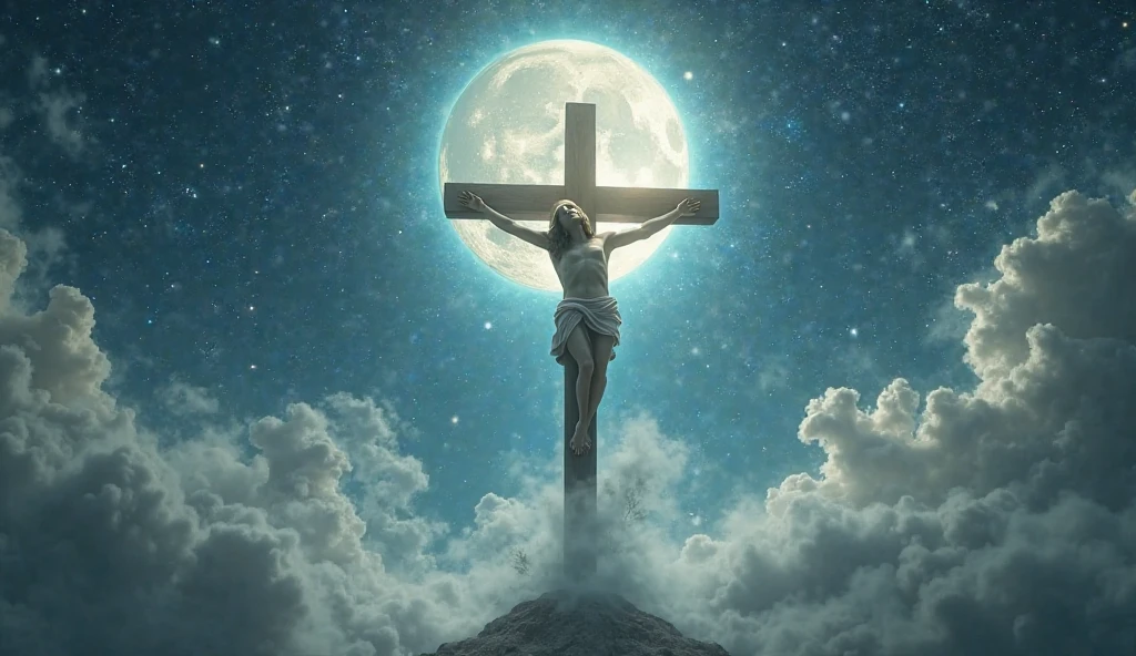 Yellow moon on the left side and blue sun on the right side with Jesus on the cross