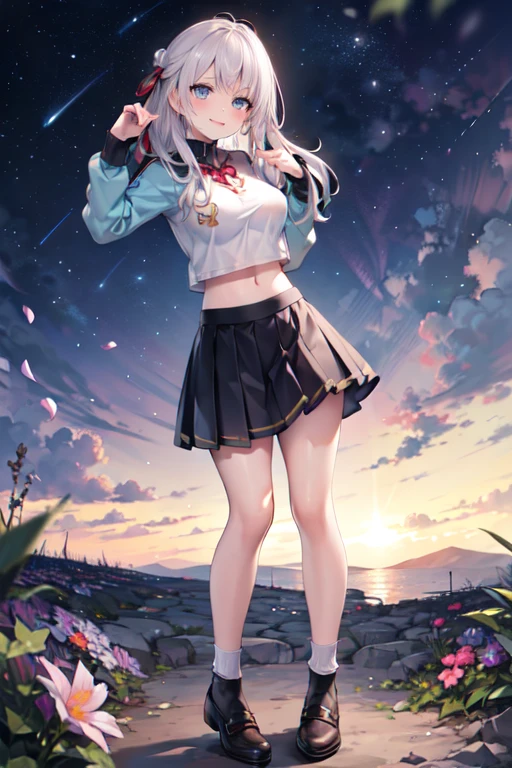 dynamic angle, floating, frills, painting, depth of field, Depth of field,nature,beautiful detailed girl, extremely detailed eyes and face, beautiful detailed eyes,absurdres, incredibly absurdres, huge filesize , ultra-detailed, highres, extremely detailed,Long shot,1girl,looking at viewer,dynamic angle,smile,light smile,looking at viewer,shy,very long hair,black hair,brown hair,(silver hair),bangs,floating hair,huge breasts,looking back,leg lift,zettai ryouiki,school uniform,pleated skirt,miniskirt,Mary janes,white thighhighs,white stocking,ribbon,necklace,hairclip,hair ribbon,torn thighhighs,bracelet,lace,in spring,floating sakura,detailed background,Isekai cityscape,flying butterfly,shooting star,colorful startrails,starry sky,clusters of stars