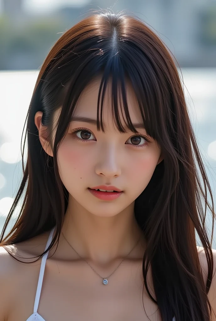(best quality:1.2, masterpiece:1.2), blurred background, full-body shot, 1 high school girl, (busty), pink nipples, brown hair, ((nude)), large eyes, blushing face, extremely detailed face and skin texture, healthy complexion, (beach), 4k resolution