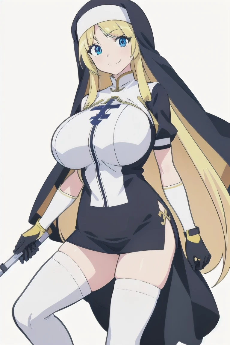 Priest is a smiling and cute woman with big breasts. Her hair is bright blonde and long, reaching down to her waist. She wears a super miniskirt, has no underboobs, no panties, and no bra. The angle from below shows her pussy.