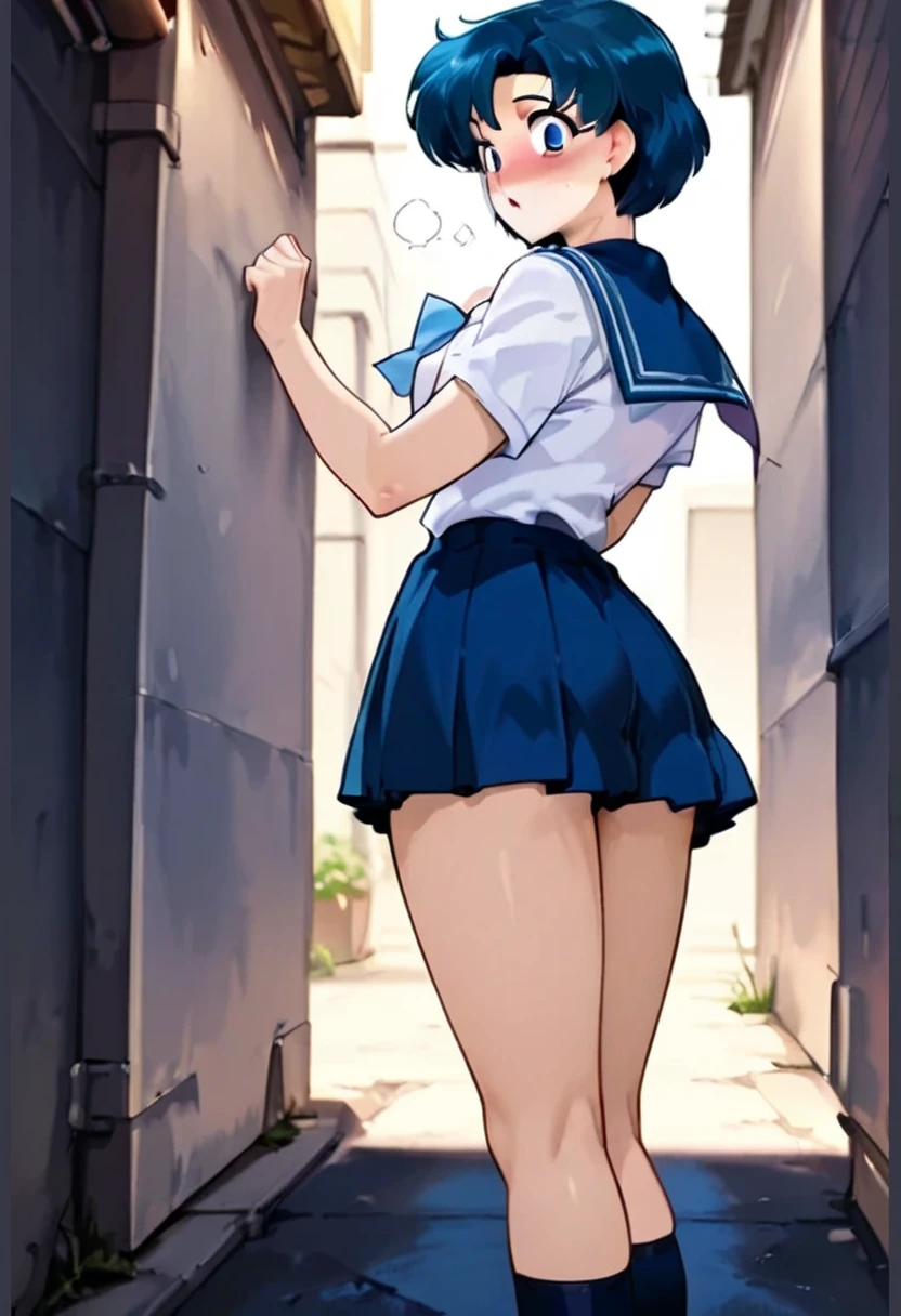Highest quality,wonderful,finely,Highly detailed CG Unity 8k wallpaper, (High Contrast), Sailor suit, (Light blue striped underwear), (Beautiful ass:1.3),(Black Stockings),(Thighs:1.2)