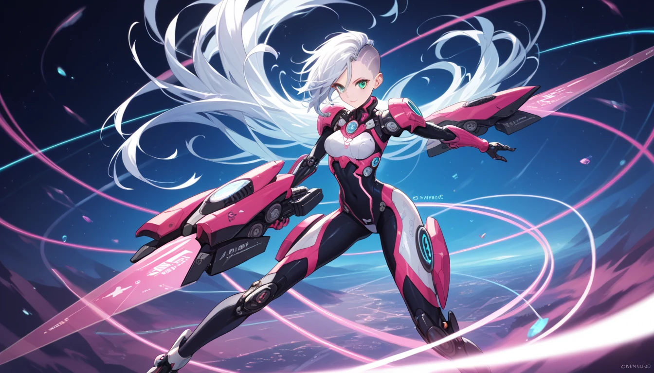beautiful, Miss, Sexy face, Yellow eyes, White hair, slim, Sexy pose, Pink tights, Mecha, Neon, Lead Night City, Look from above, high quality, Practical, Beautiful light, fulldetail, black background